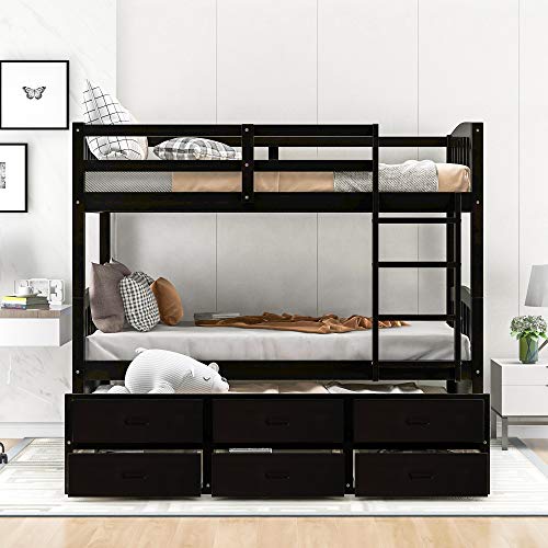 Twin Over Twin Bunk Bed with Storage Drawers and Trundle, Solid Wood Frame F2716