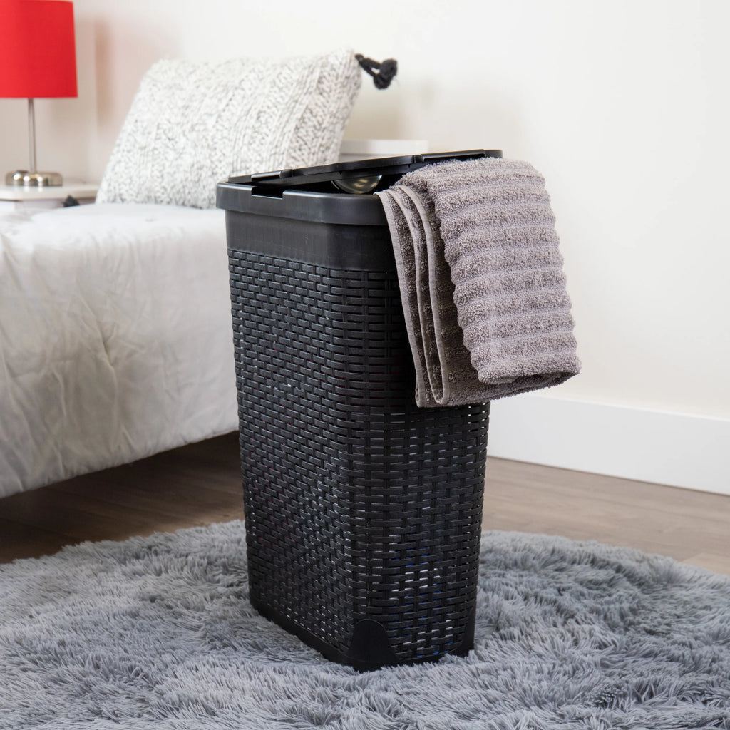 Slim Laundry Hamper with Lid, Wicker Design, Set of 2, Black M9389