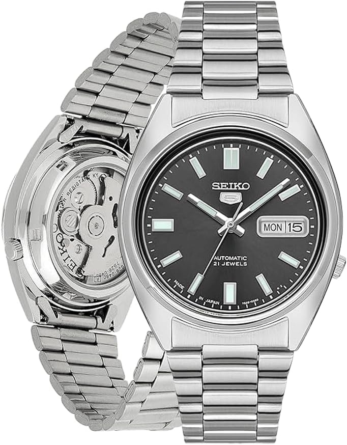 SEIKO SNXS79 Automatic Watch for Men 5-7S Collection - Black Dial on Silver with Luminous Hands, Day/Date Calendar, Stainless Steel Case & Bracelet