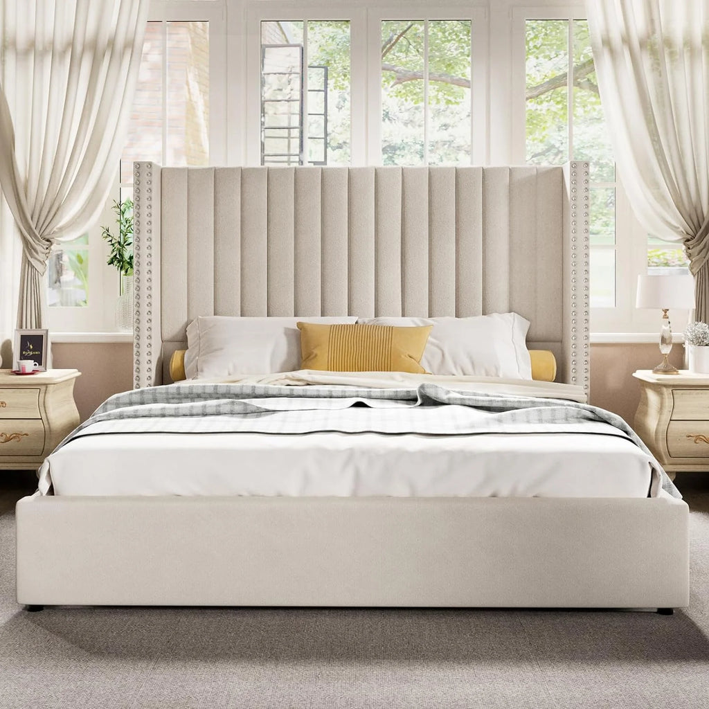 Queen Bed Frame Lift Up Storage Bed, Velvet Upholstered with Wingback Headboard S23471