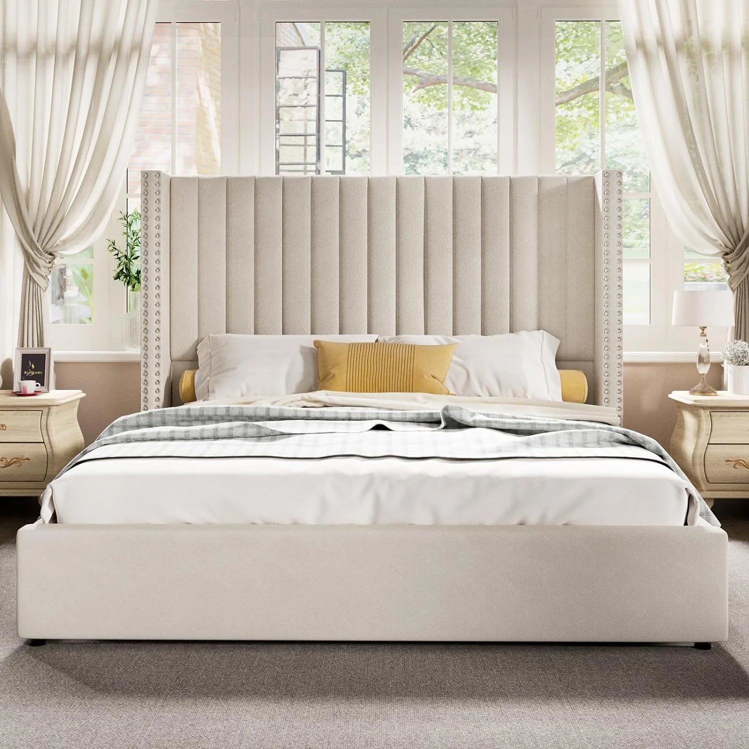 Queen Bed Frame Lift Up Storage Bed, Velvet Upholstered with Wingback Headboard S23471