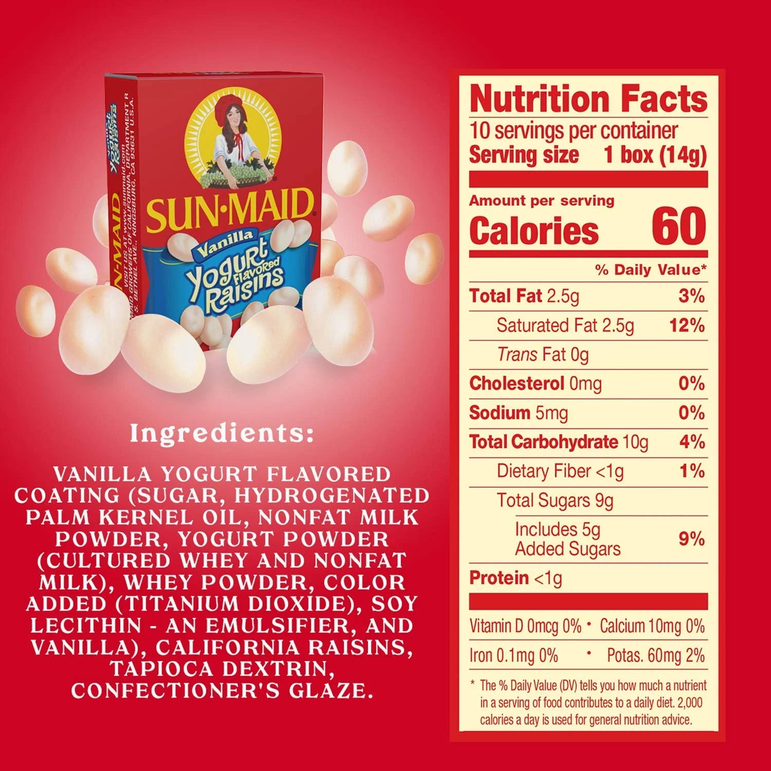 Vanilla Yogurt Covered Raisins Mini Snack Packs, 0.5 oz, 10 ct, Pack of 2 D156702