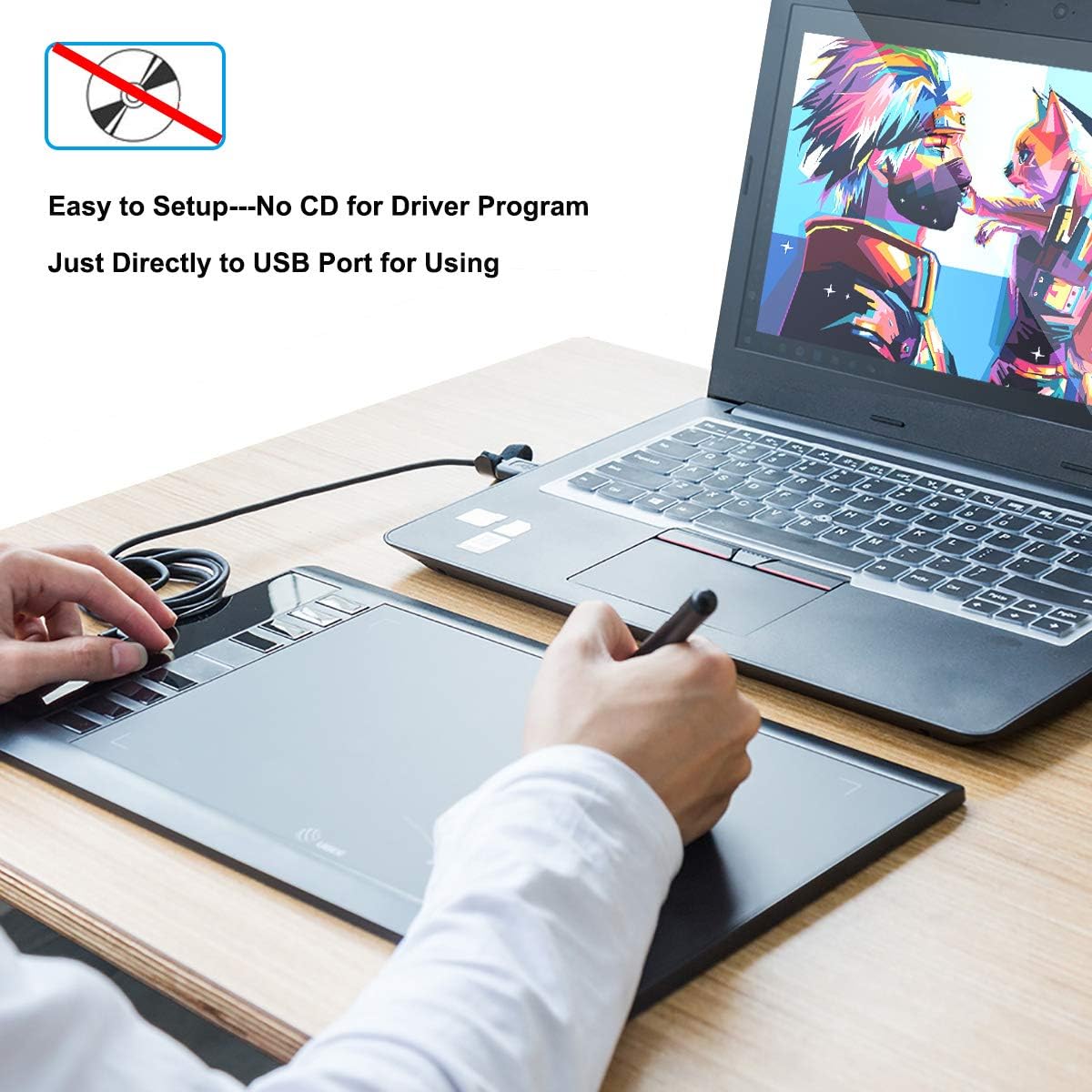 Graphics Drawing Tablet 10 x 6 Inch with 8 Hot Keys, Passive Stylus 8192 Levels Pressure A4602