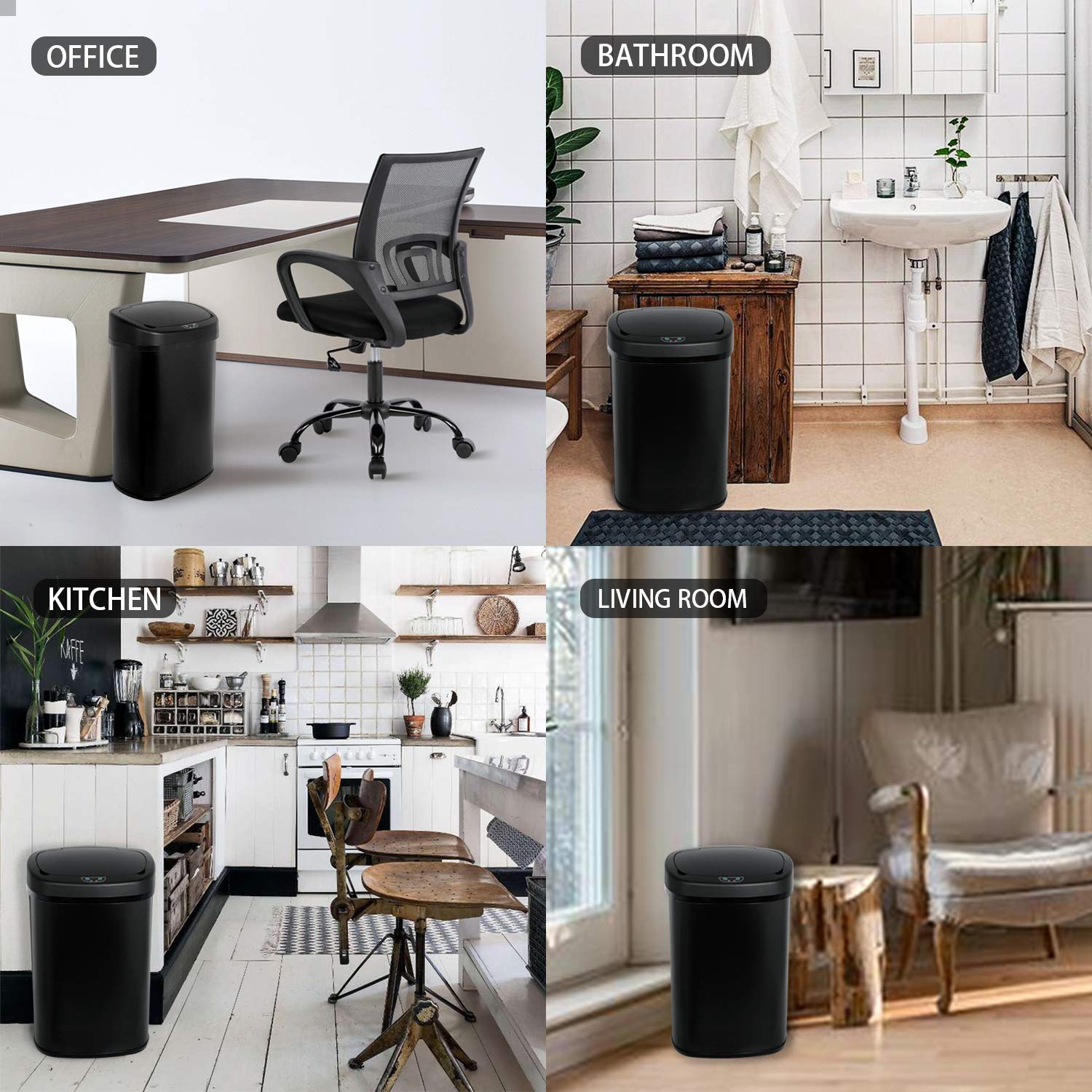 13 Gallon Black Stainless Steel Touch-Free Sensor Trash Can with Lid S902099