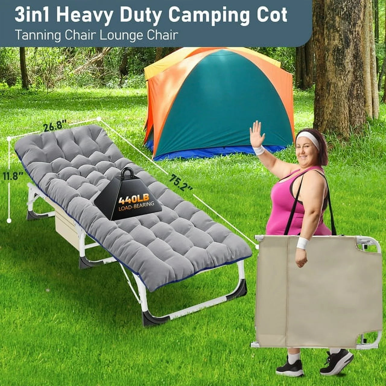 Heavy Duty Tanning Chair with Face & Arm Holes, Adjustable 5-Position Folding Chaise Lounge F5608