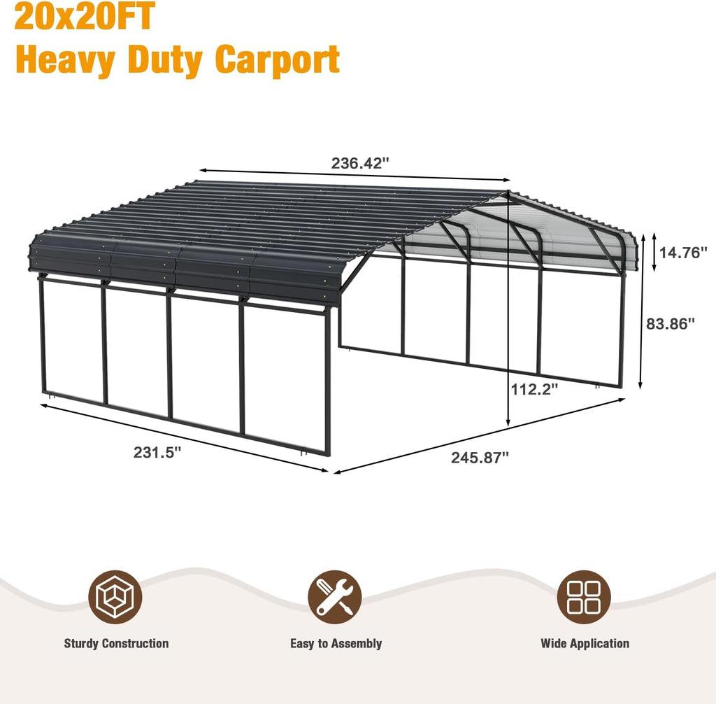 20' x 20' Metal Carport with Galvanized Steel Roof for SUV, Truck and Boats M531