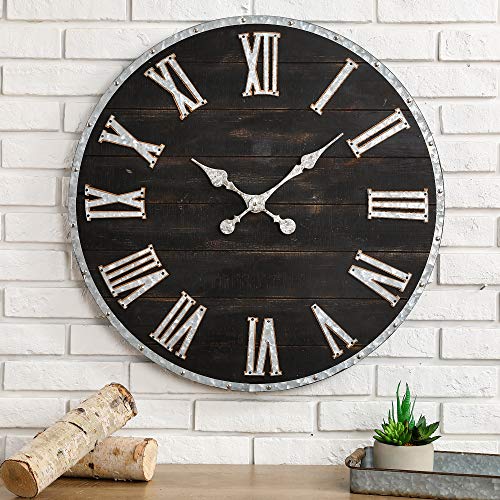 28 Inch Distressed Black Wall Clock Silent Non-Ticking Roman Numerals I702376