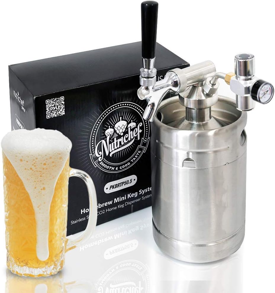 NutriChef Pressurized Growler Tap System, 64oz Stainless Steel Mini Keg Dispenser Portable Kegerator Kit, Co2 Pressure Regulator Keeps Carbonation for Craft Beer, Draft and Homebrew