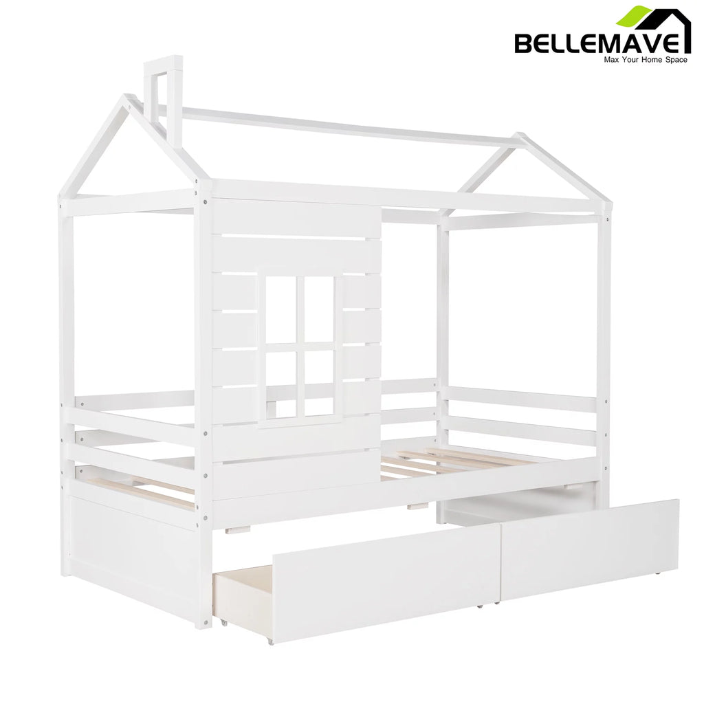 Twin Size House Bed with Drawers and Guard Rails Q40260