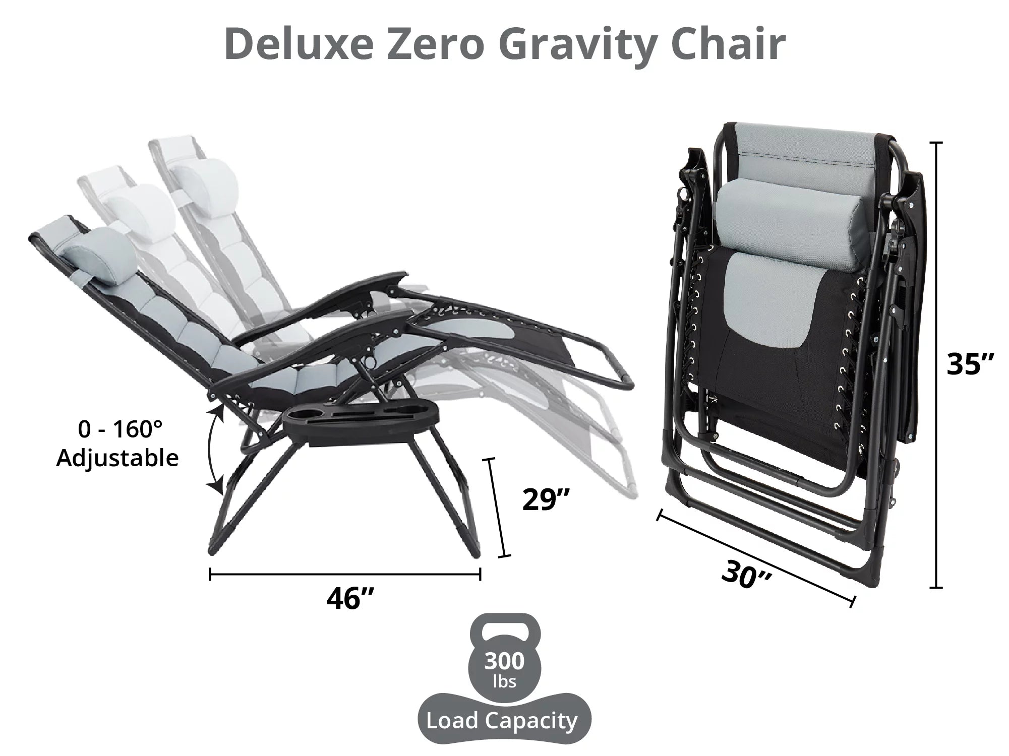 Oversized Padded Folding Lounge Chair for Outdoor Patio, Gray V21949