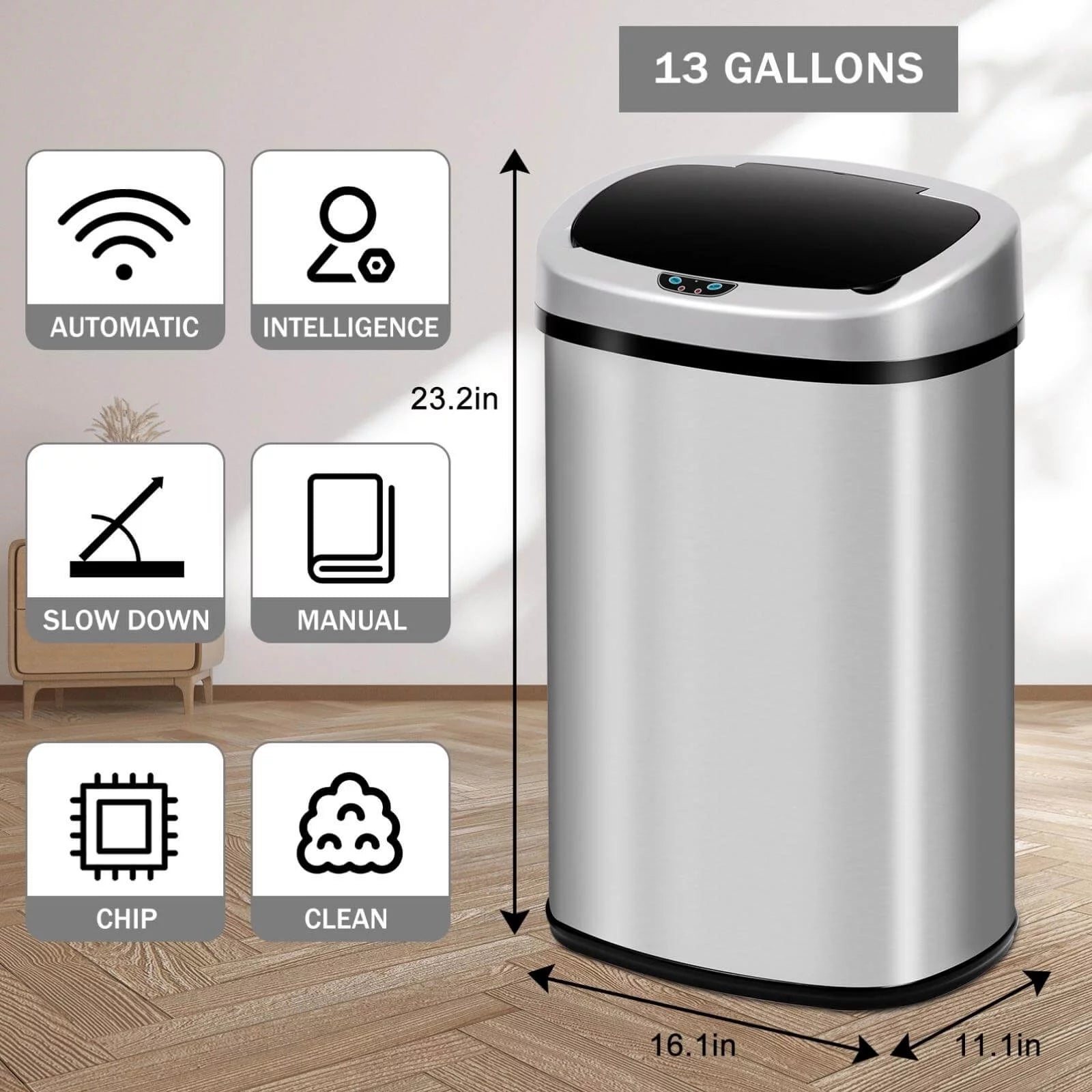 Kitchen Trash Can with Lid, 13 Gallon Automatic Stainless Steel Garbage Can with Motion Sensor, Silver O912