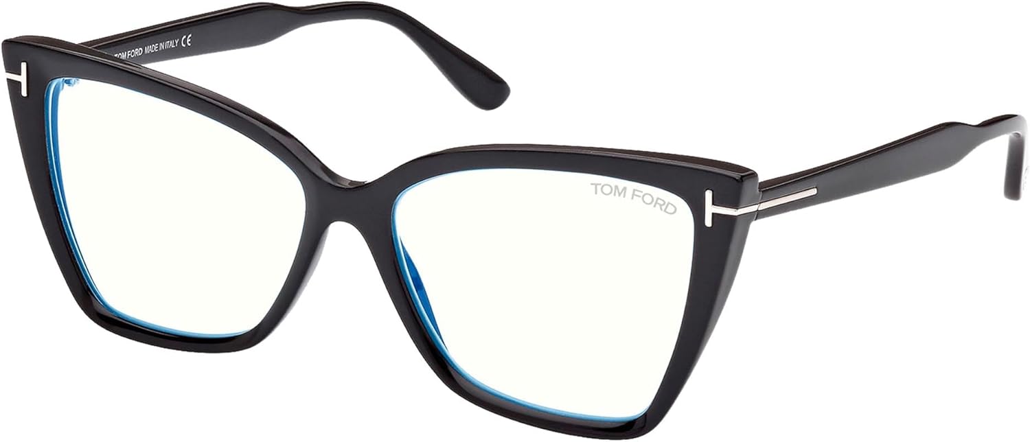 Tom Ford Eyeglasses FT 5844 -B 001 Shiny Black, t Logo/Blue Block Lenses