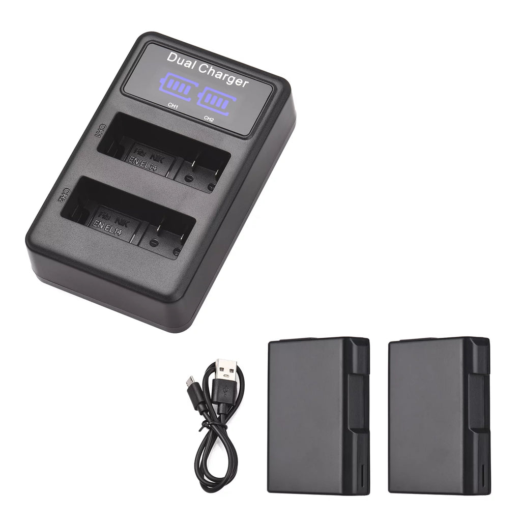 Andoer EN-EL14 Battery & Kit 2pcs 7.4V 1500mAh Battery + 1pc LED2-EL14 Dual Channel Battery USB Port Screen Display Replacement for Nikon D3100 D3200 D3300 D3400 D3500 D5100 D5200 D5300 D5500 D