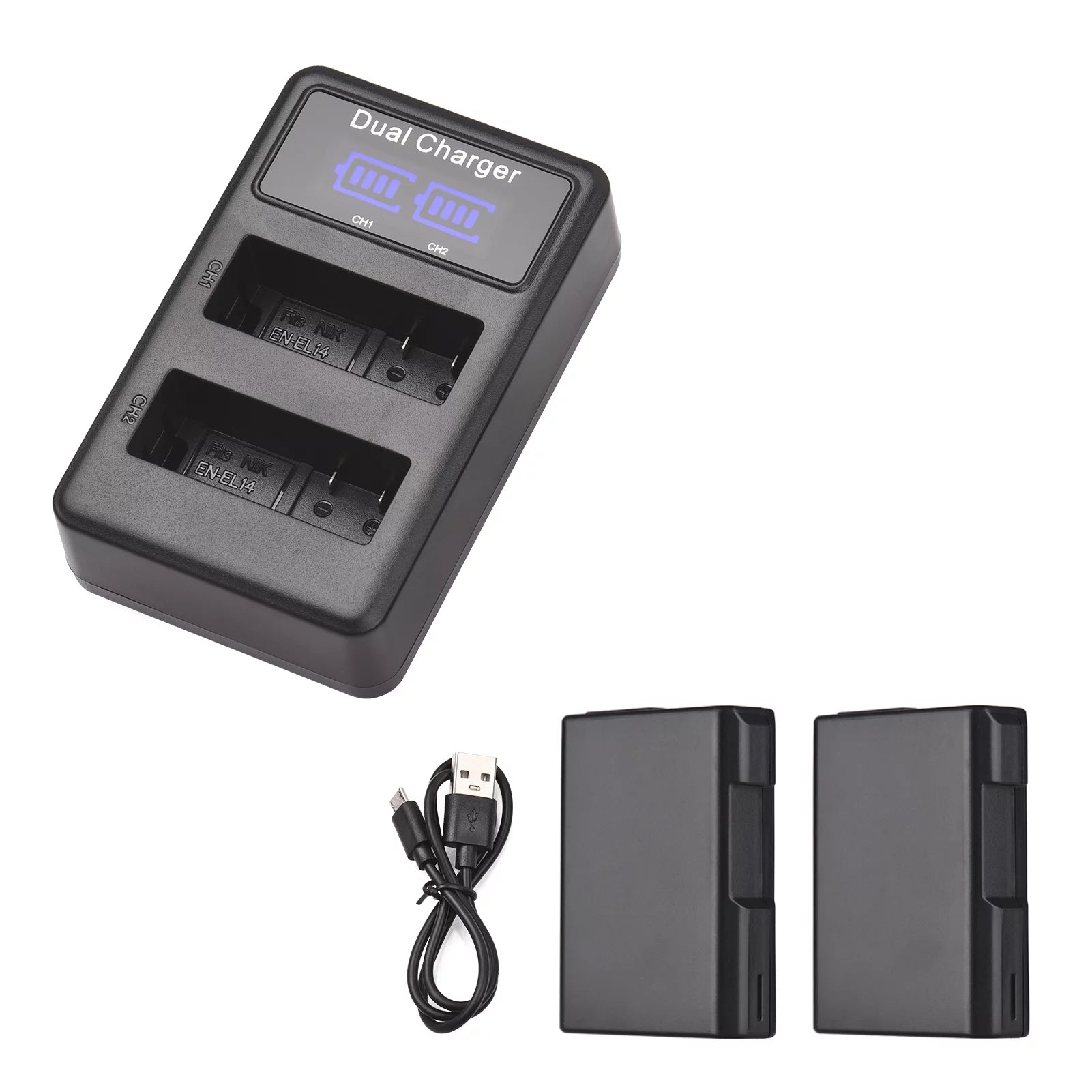 Andoer EN-EL14 Battery & Kit 2pcs 7.4V 1500mAh Battery + 1pc LED2-EL14 Dual Channel Battery USB Port Screen Display Replacement for Nikon D3100 D3200 D3300 D3400 D3500 D5100 D5200 D5300 D5500 D