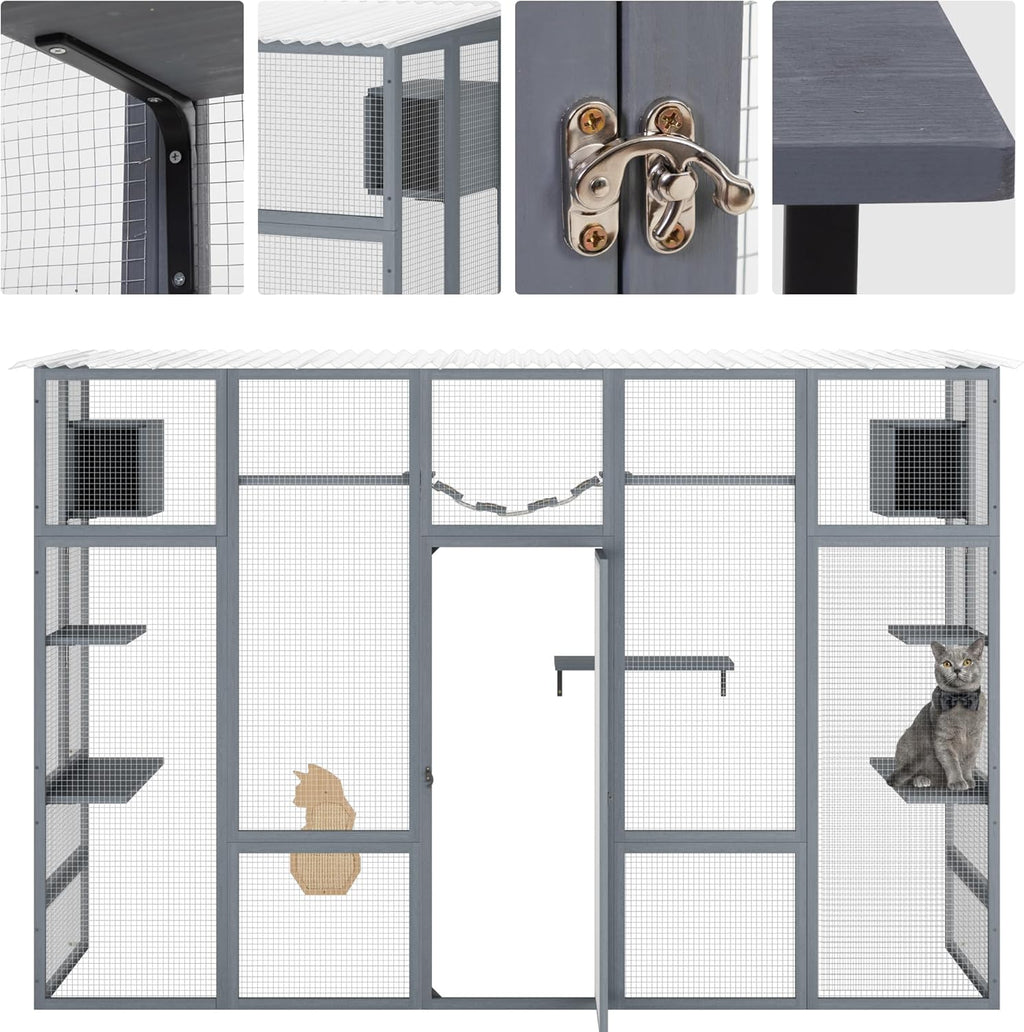 Outdoor Cat Enclosure with Window Access, Wooden Catio with Weather Protection Roof Q639