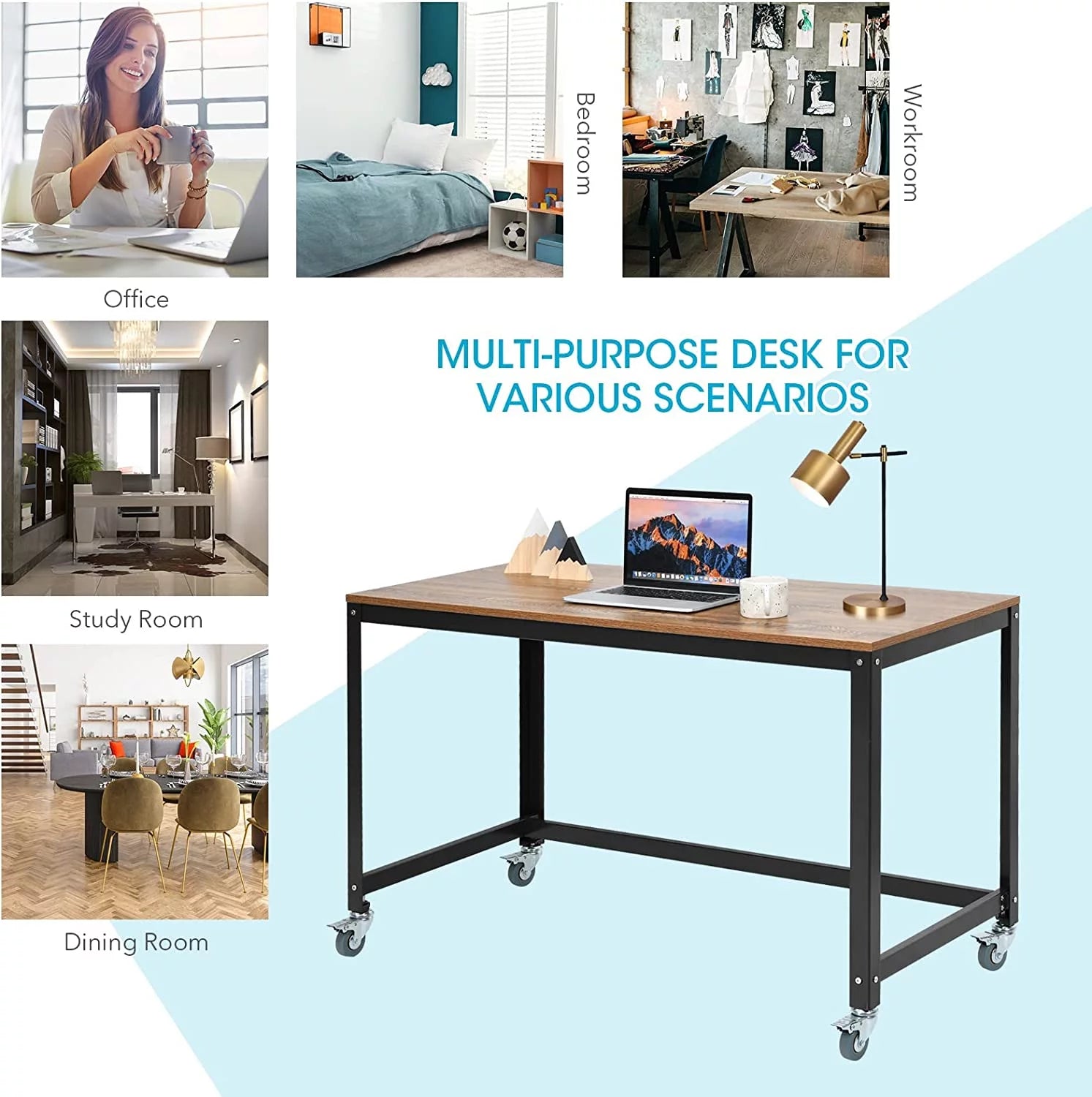 Rolling Computer Desk with 4 Smooth Wheels J628836