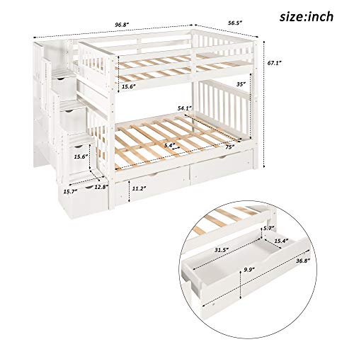 Twin Over Twin/Full Bunk Bed with Trundle and Drawers, Solid Wood Staircase, White C353971