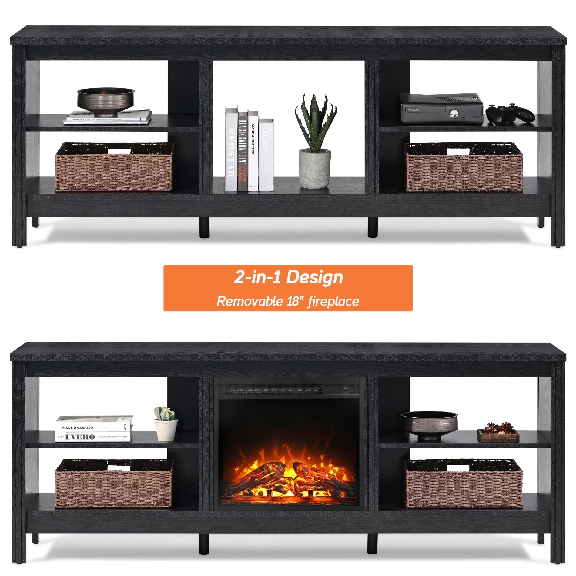 Wood Entertainment Center for TVs up to 80 Inch with Electric Fireplace, Black R153497