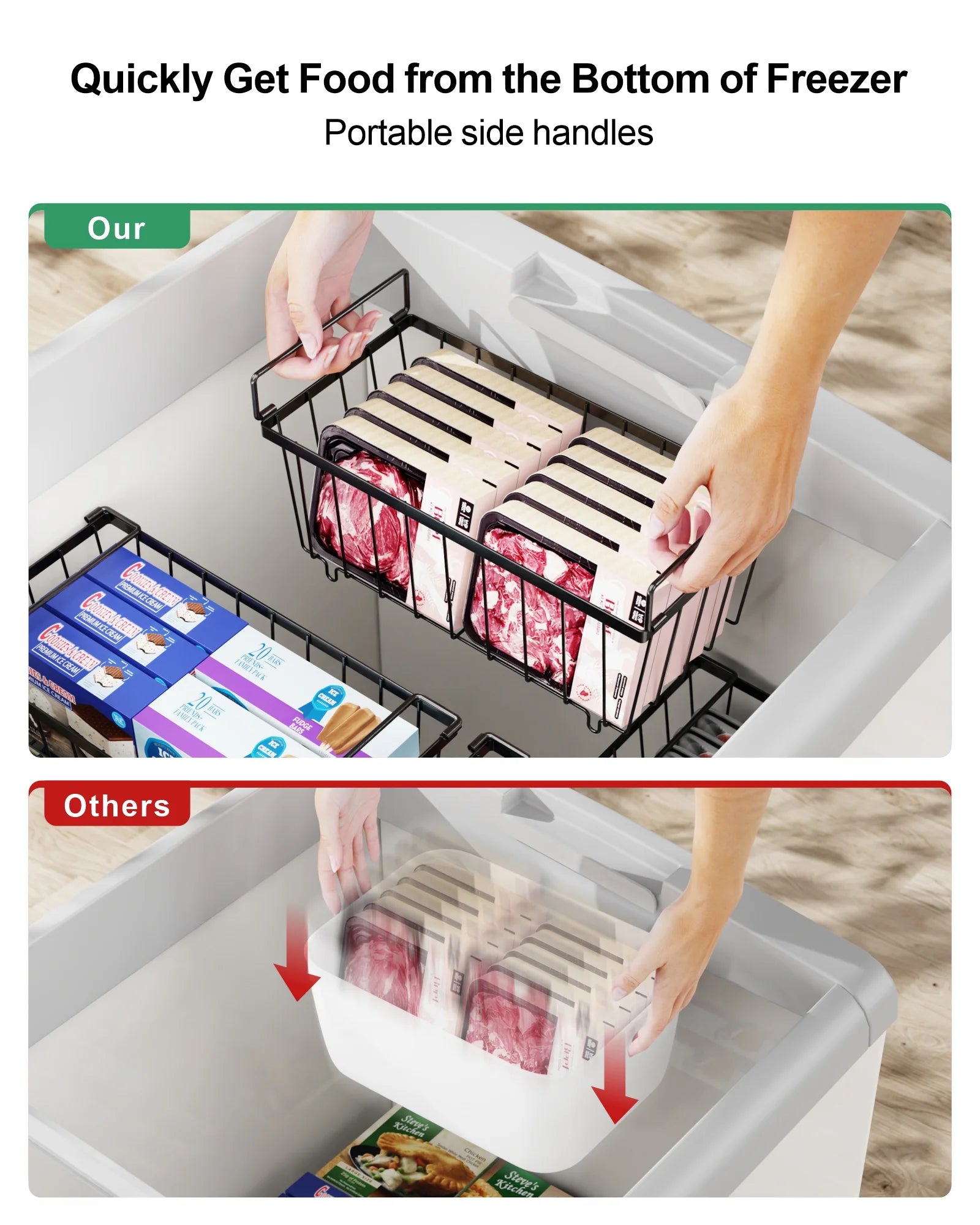 Chest Freezer Baskets 5 Pack Wire Storage Baskets for 7 Cu.FT Deep Freezer Stackable Organizer Bins with Fold-down Handles Black H367505