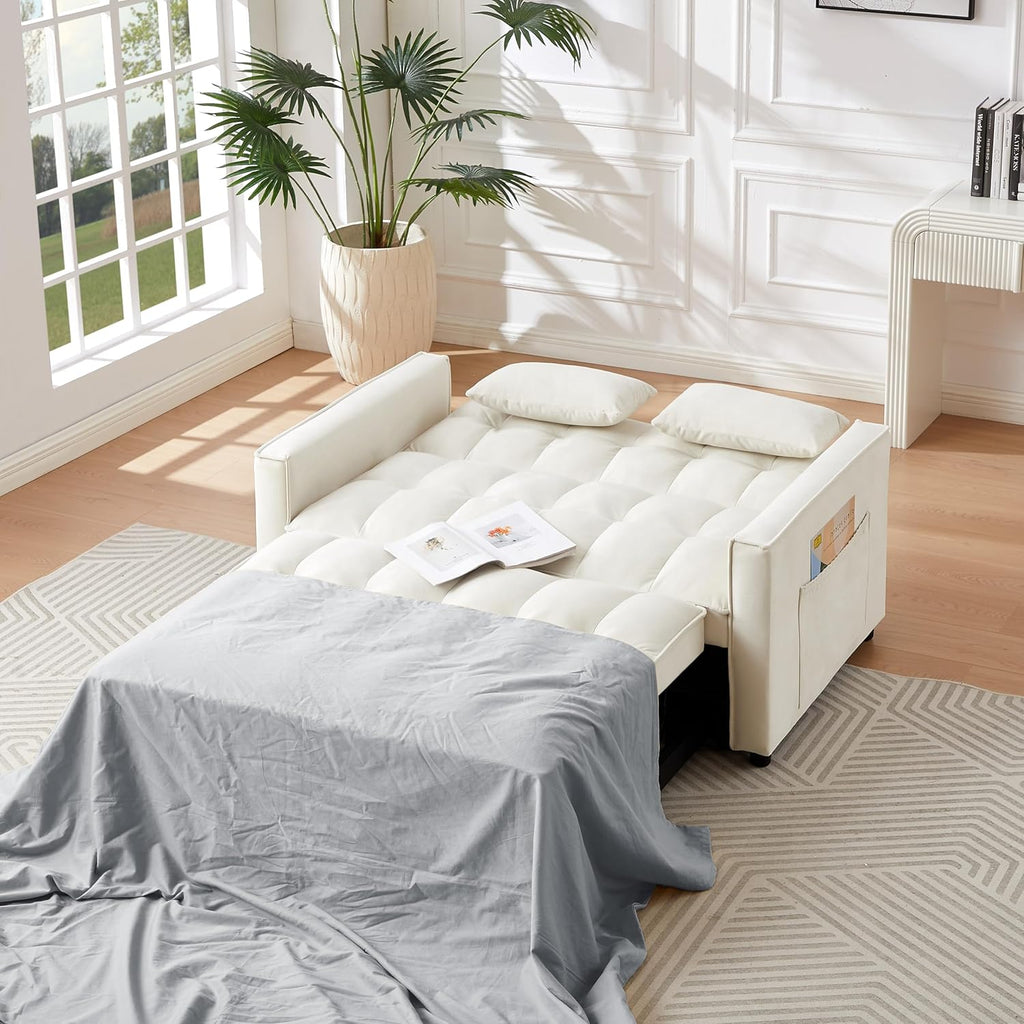 Convertible Loveseat Sleeper Sofa with Adjustable Backrest and Pull-Out Bed, Ivory W3374