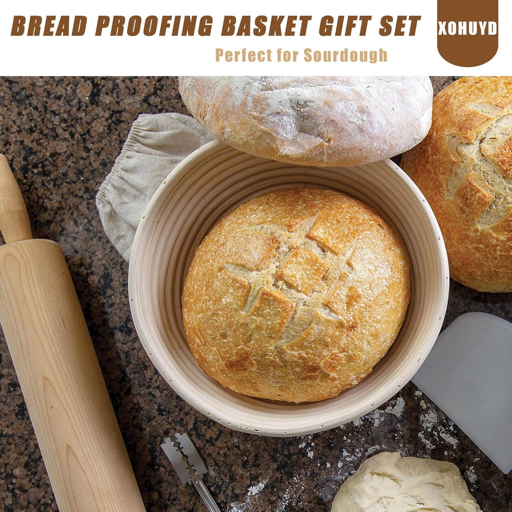 Banneton Bread Proofing Baskets Set, 9 Inch Round & 10 Oval, with Lame, Danish Whisk, Liners F325