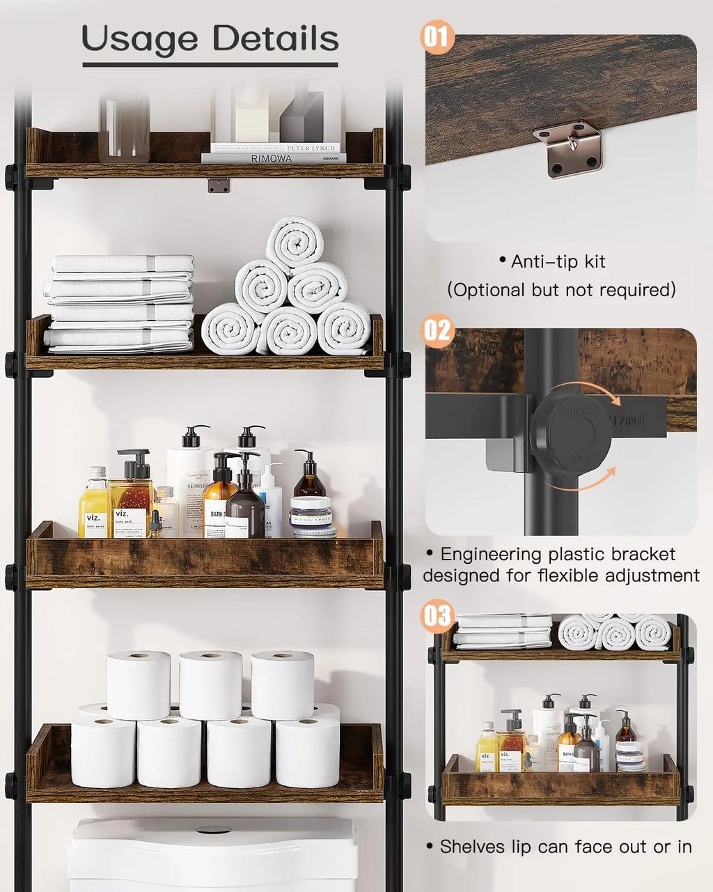 Over-the-Toilet Storage, 4-Tier Adjustable Wood Shelves, Rustic Brown U368492