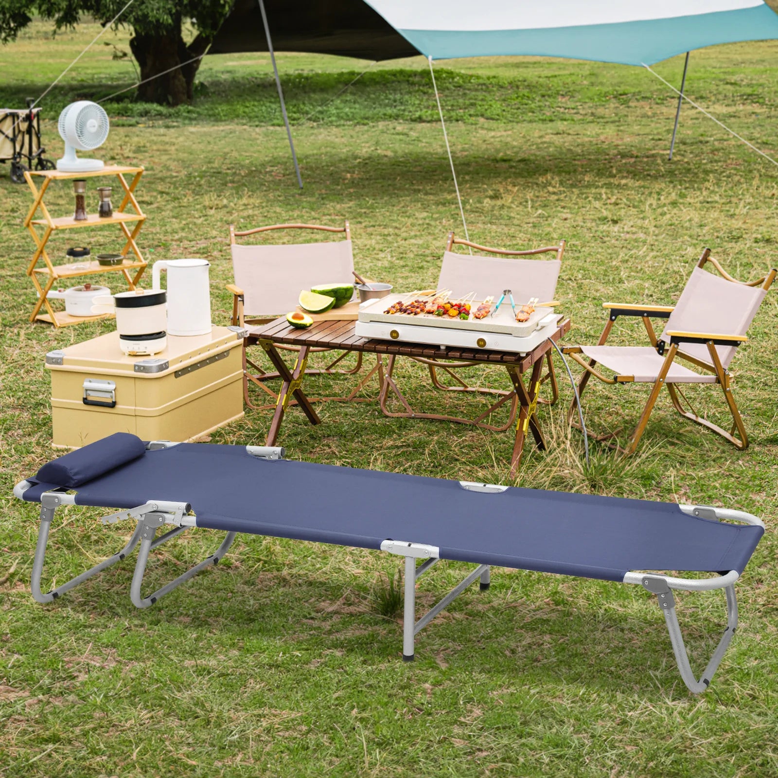 Portable Folding Bed Reclining Lounger Camping Cot with Pillow and Carry Bag I549492
