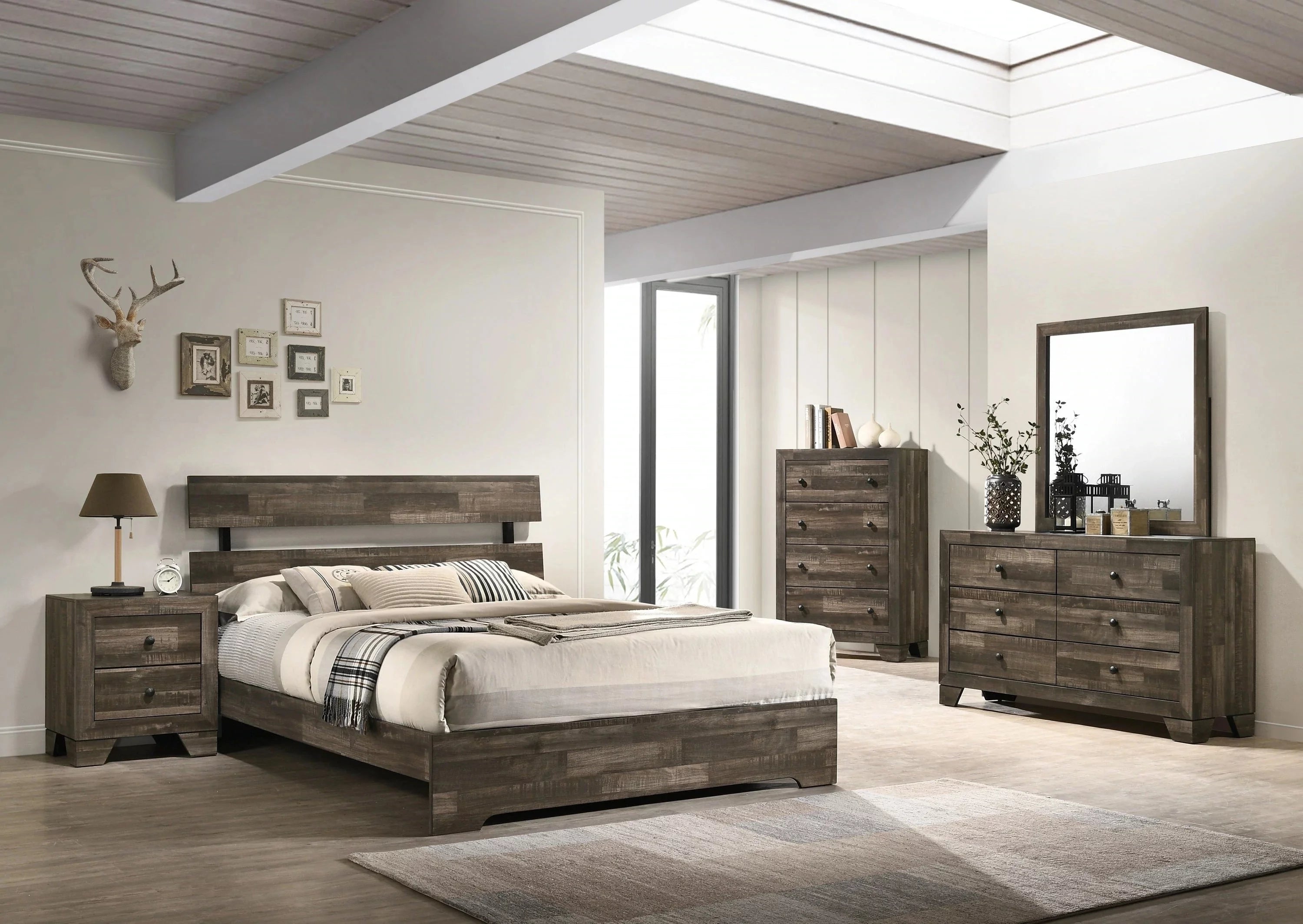 Rustic Brown Finish 4pc Queen Size Platform Bedroom Set Bed Dresser Mirror Nightstand Wooden Furniture