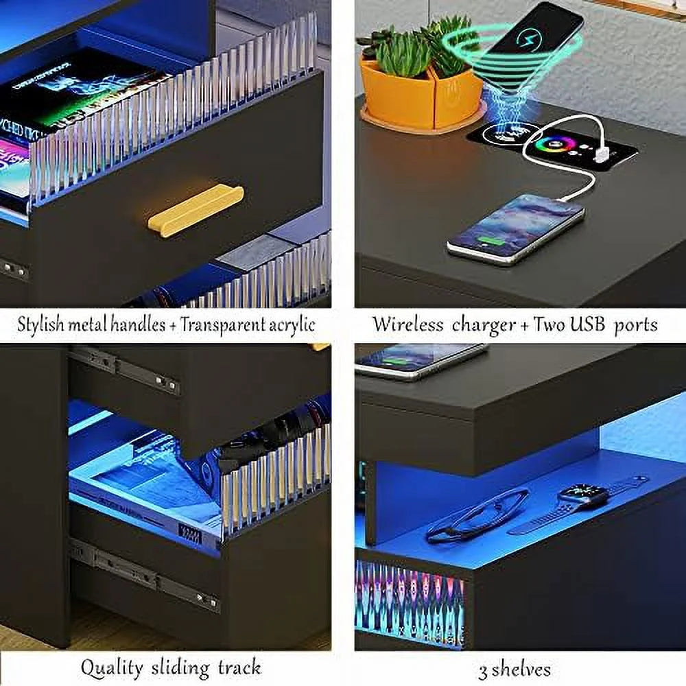 Nightstands Set of 2 with Charging Station and LED Lights W775045