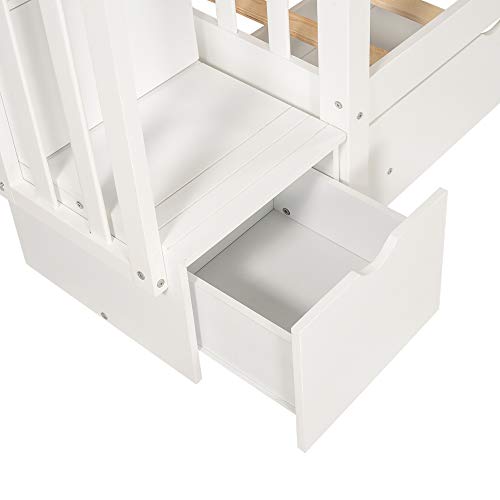 Twin Over Twin/Full Bunk Bed with Trundle and Drawers, Solid Wood Staircase, White C353971
