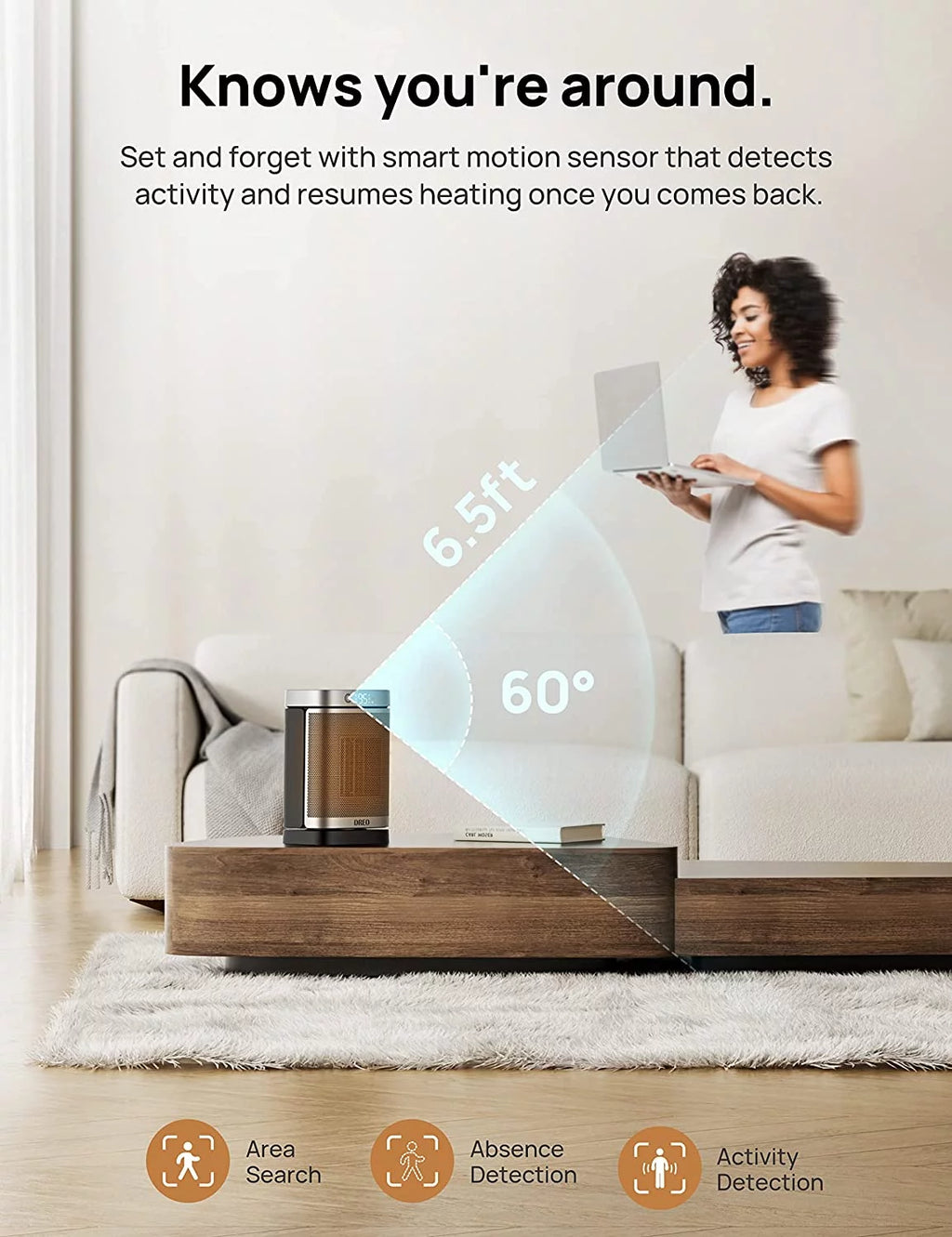 Space Heater with Motion Sensor, 1500W Oscillating, Digital Thermostat, Remote Control C211