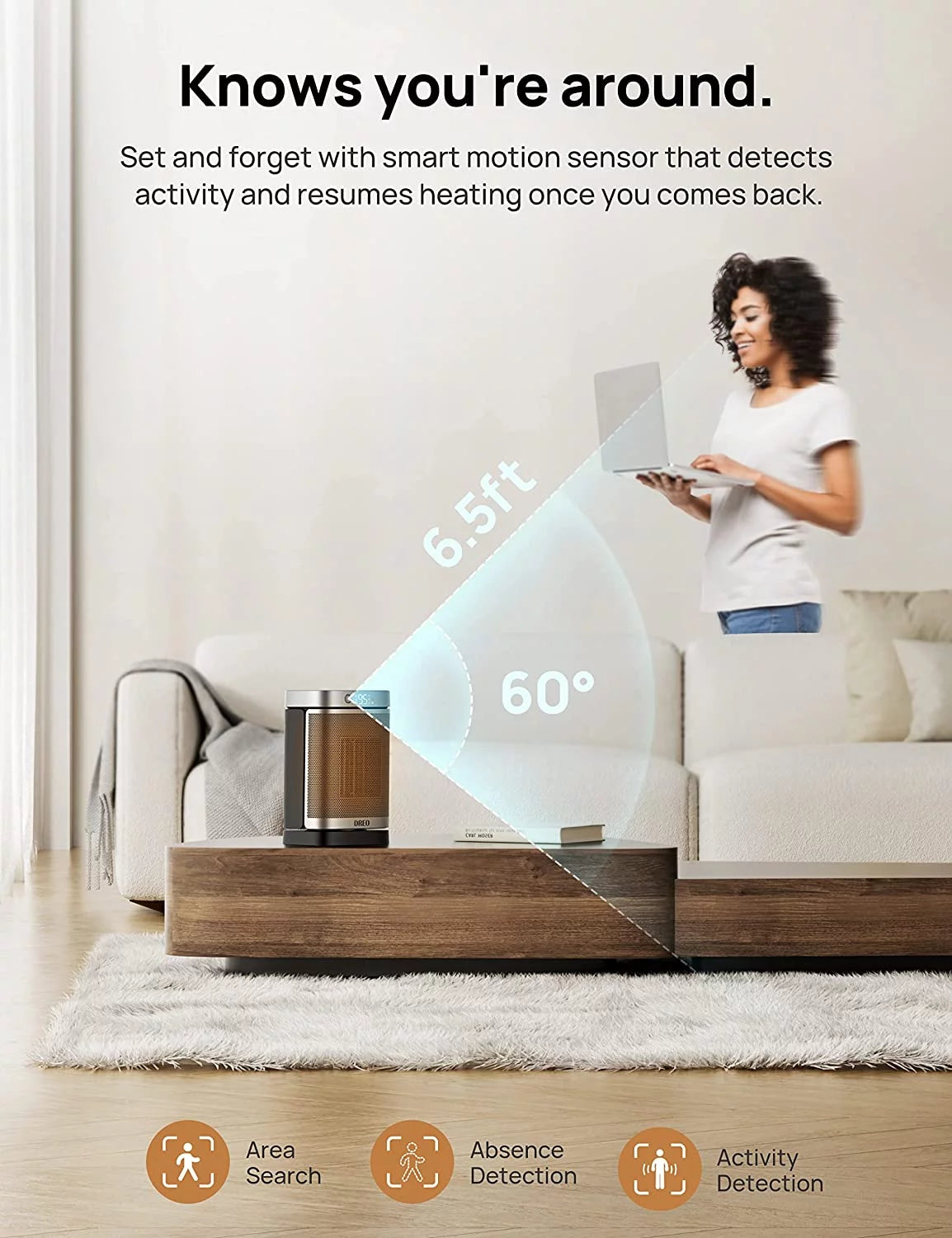 Space Heater with Motion Sensor, 1500W Oscillating, Digital Thermostat, Remote Control C211