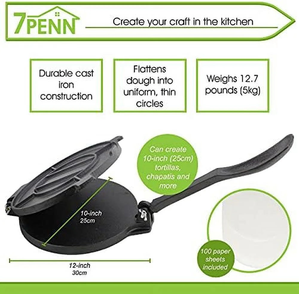 Cast Iron Tortilla Press 10 Inch with 100 Cooking Sheets T3027