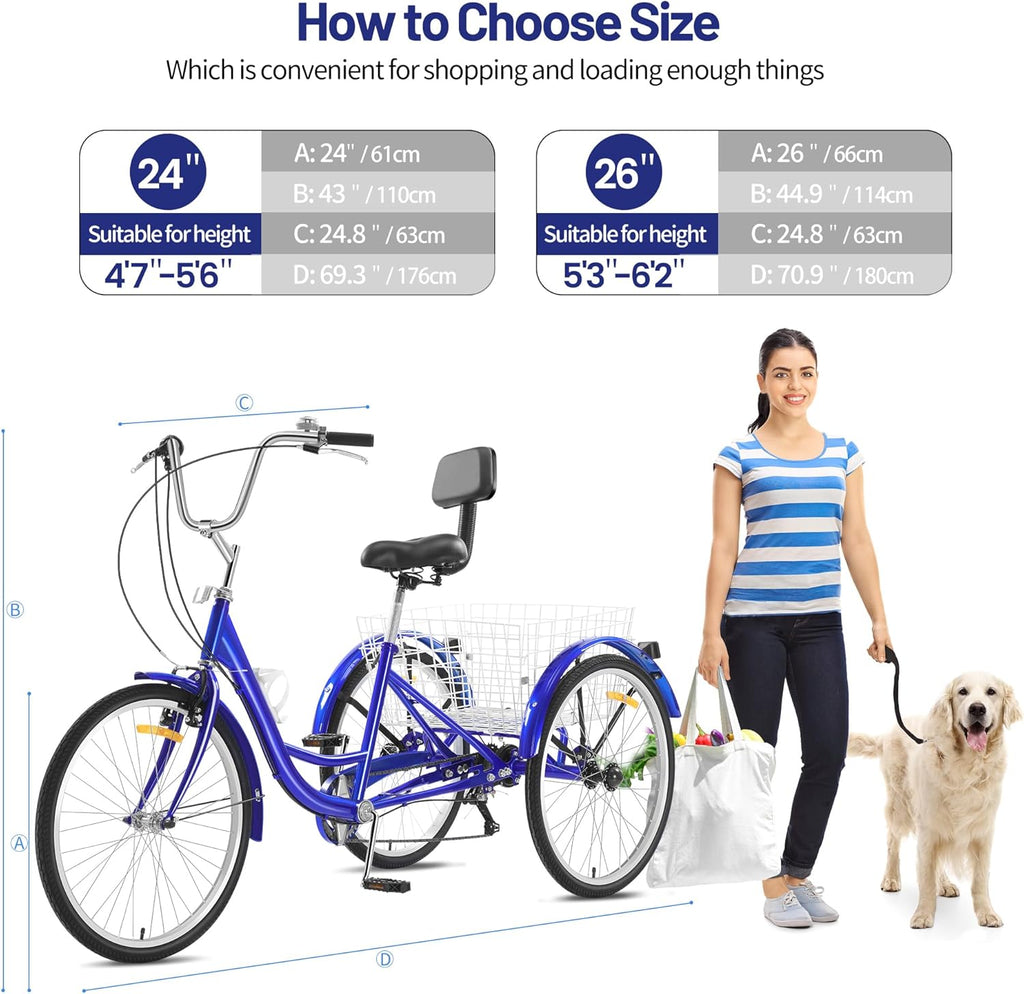 Adult Tricycle 7 Speed, 3 Wheel Bike with Rear Basket, 24 Inch Wheels V836157