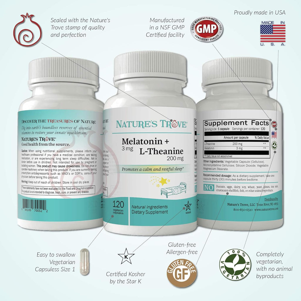 Melatonin 3mg with L-Theanine 200mg, 120 Vegetarian Capsules E772523