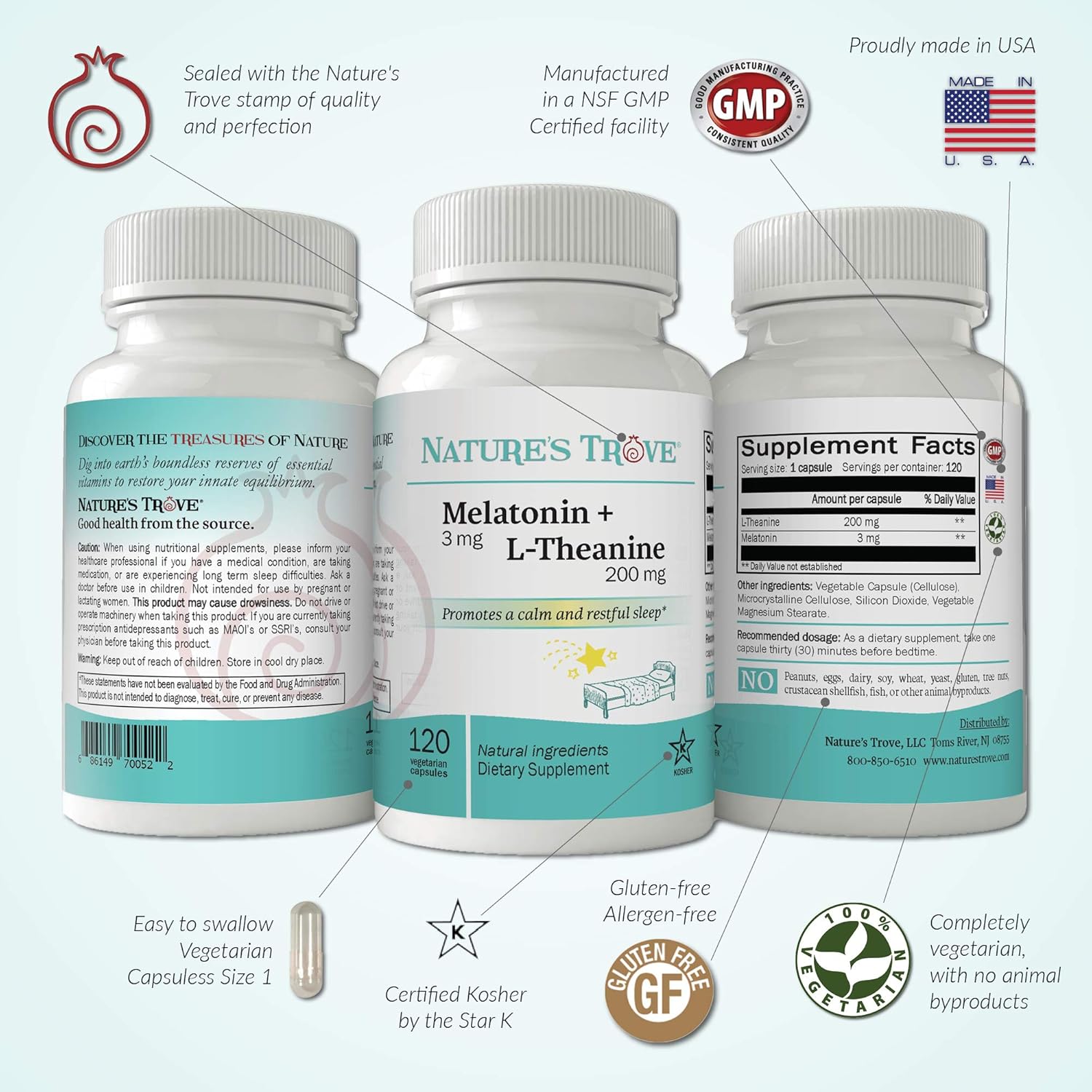 Melatonin 3mg with L-Theanine 200mg, 120 Vegetarian Capsules E772523