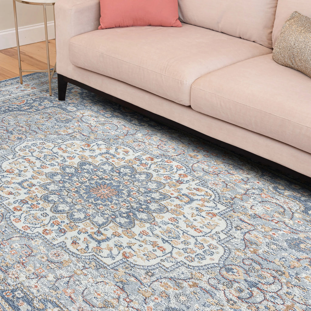 Traditional 5x8 Area Rug (5'3'' x 7'3'') Medallion Navy, Gray Living Room Easy to Clean