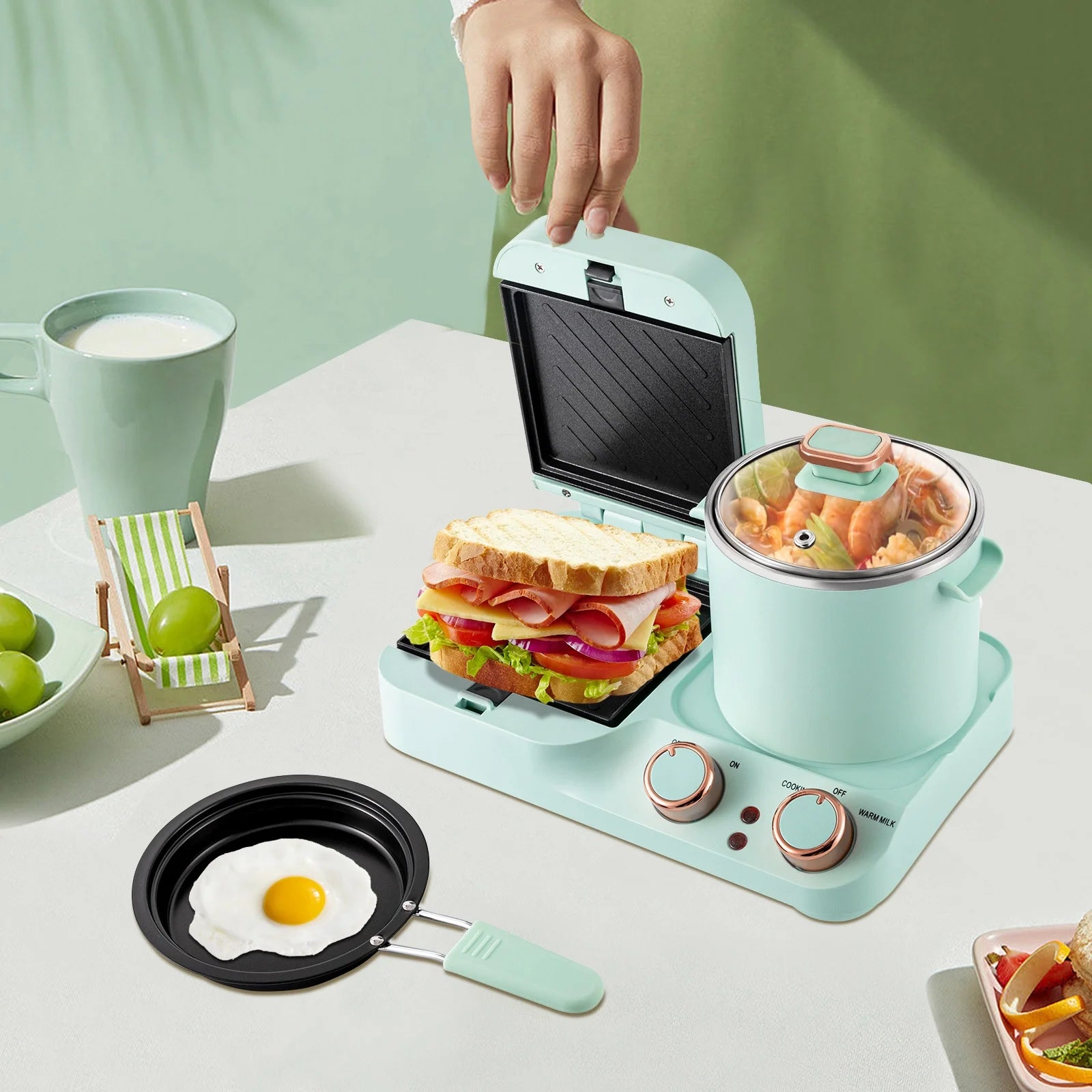 Wuzstar 3 in 1 Breakfast Station, Multi-functional Breakfast Maker Machine with Frying Pan, Non-stick Coating Plate, Stockpot