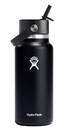 HYDRO FLASK Wide Mouth vacuum insulated stainless steel water bottle with leakproof closeable straw lid for cold water drinks, sports, travel, car and school