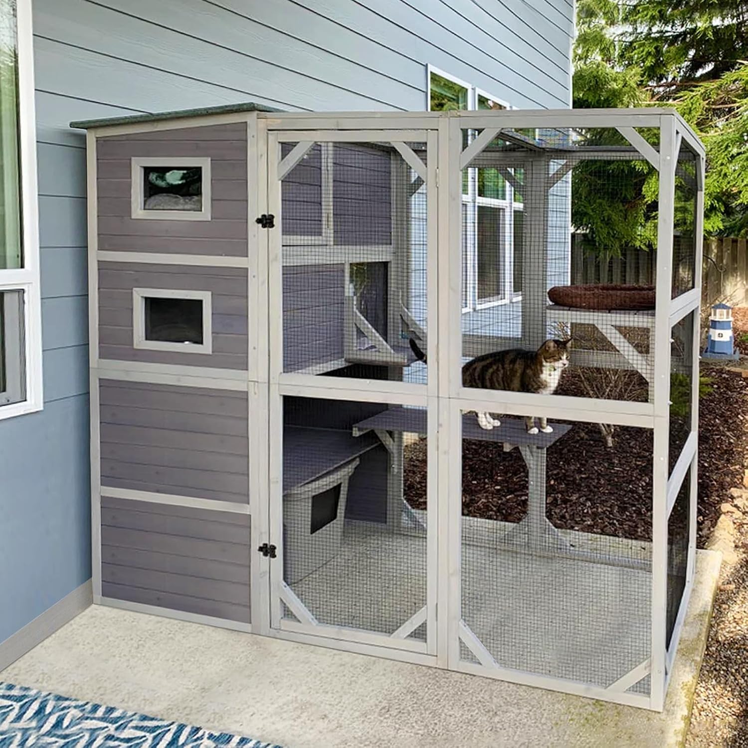 Catio Cat House Outdoor Kitty Enclosures 77" Large Cat Home with Run Cat Cage with Platforms Kitty Playpen,4 Tiers