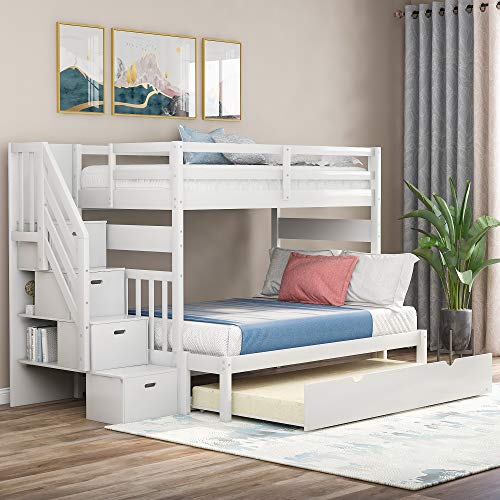 Twin Over Twin/Full Bunk Bed with Trundle and Drawers, Solid Wood Staircase, White C353971