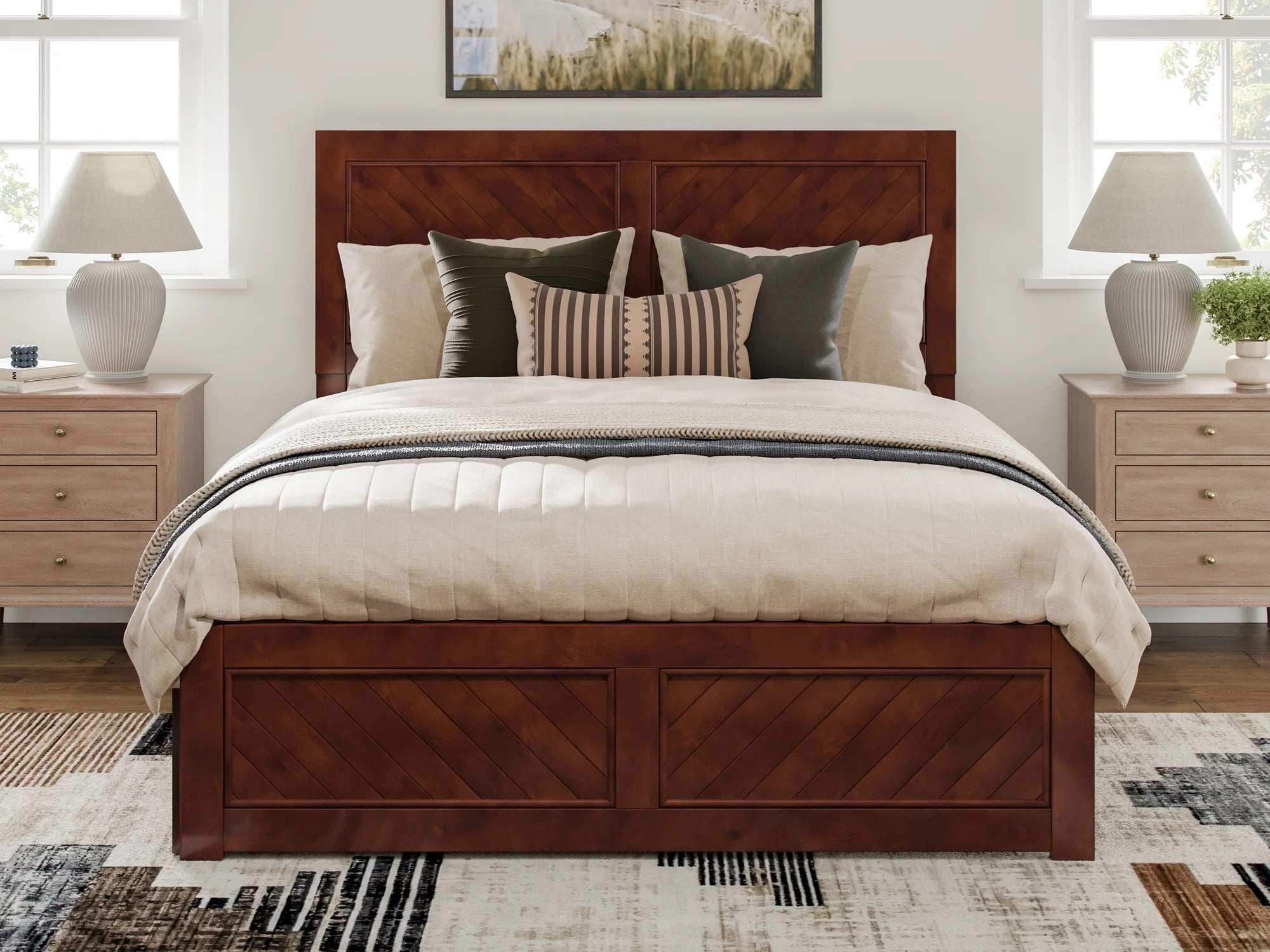Walnut Solid Wood Platform Bed with Storage Drawers, Queen R138