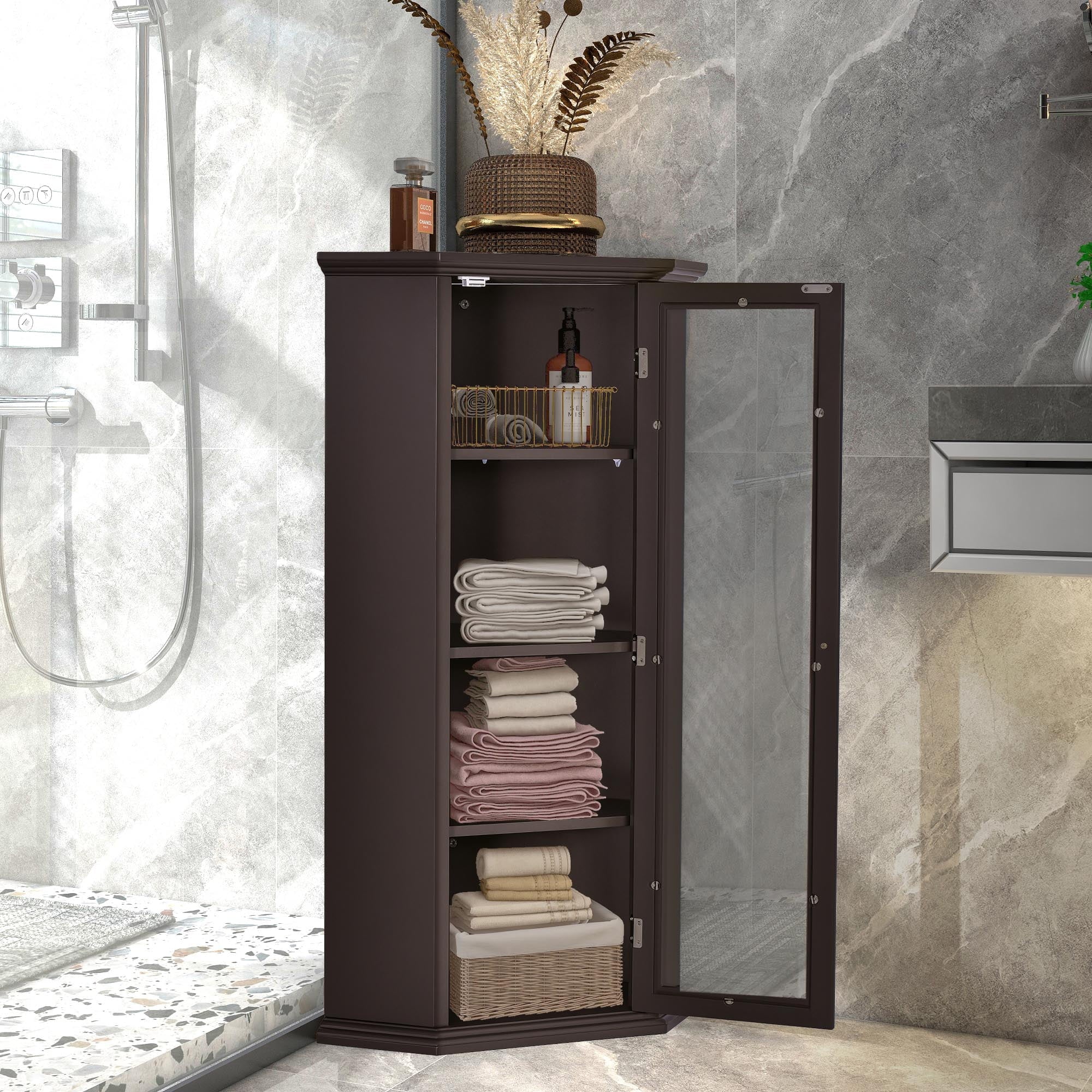 Corner Bathroom Cabinet with Glass Door, MDF Painted Finish Q939