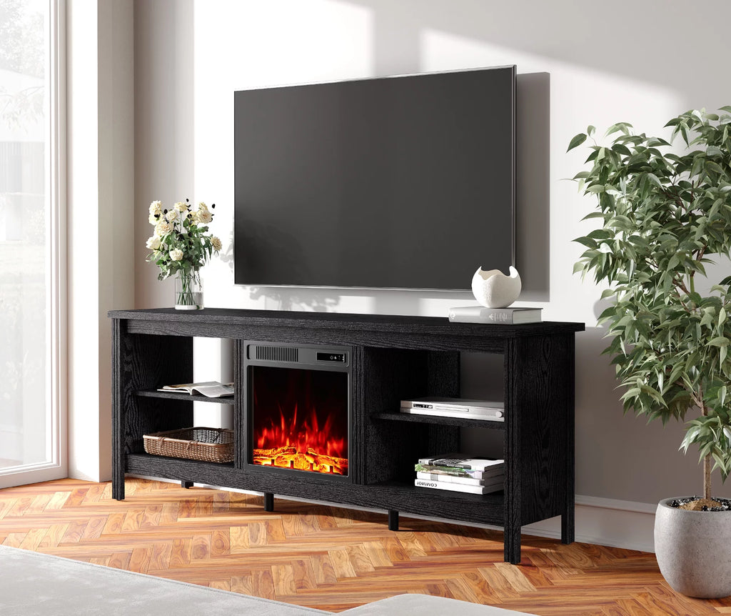 TV Stand with Electric Fireplace, Black Entertainment Center, 4 Storage Y247132