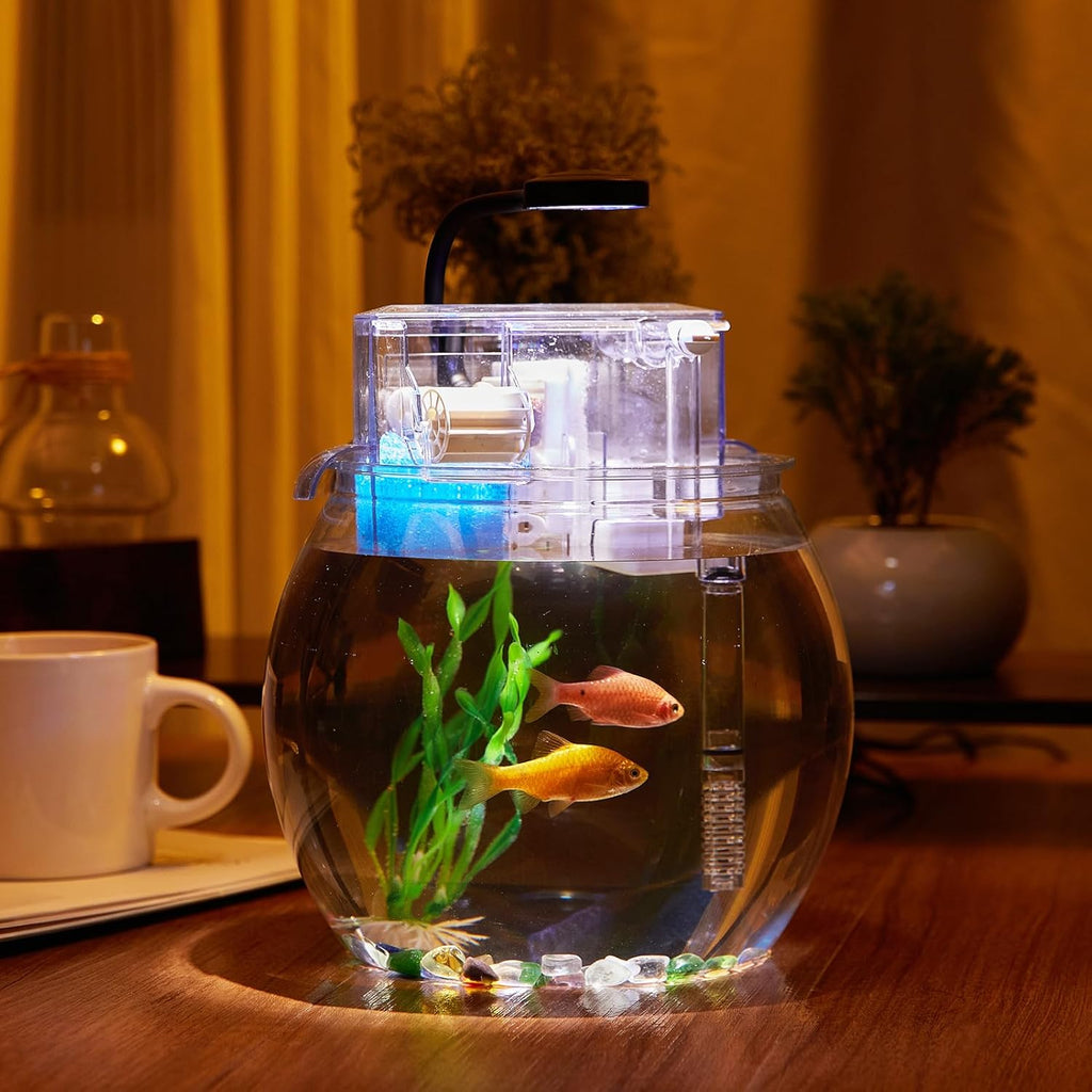 1 Gallon Small Fish Tank Break-Resistant Plastic Round Bowl with Filter and Light N865308
