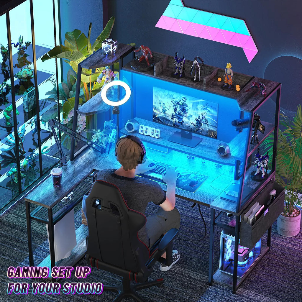 Corner Computer Desk with LED Lights and Power Outlets O803