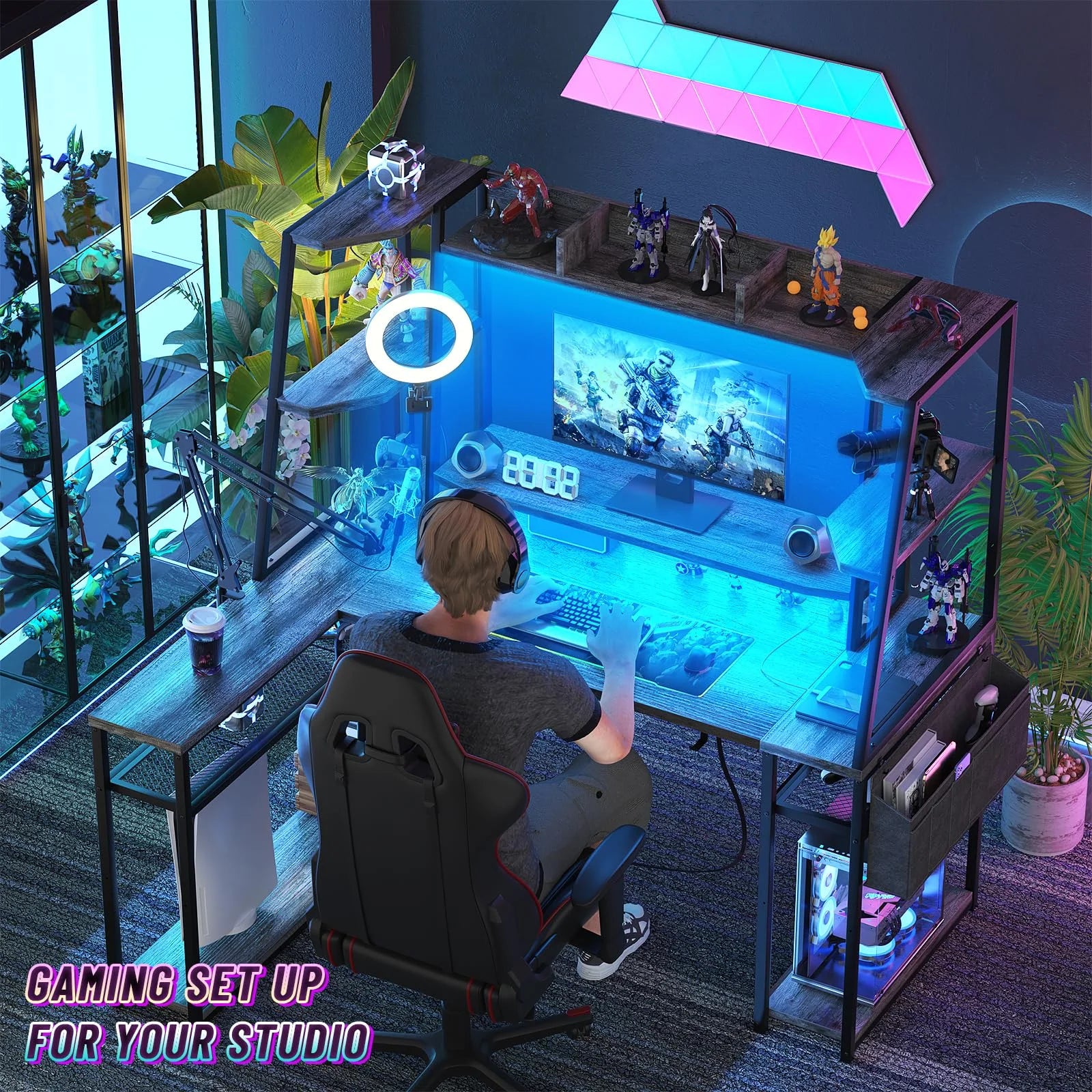 Corner Computer Desk with LED Lights and Power Outlets O803