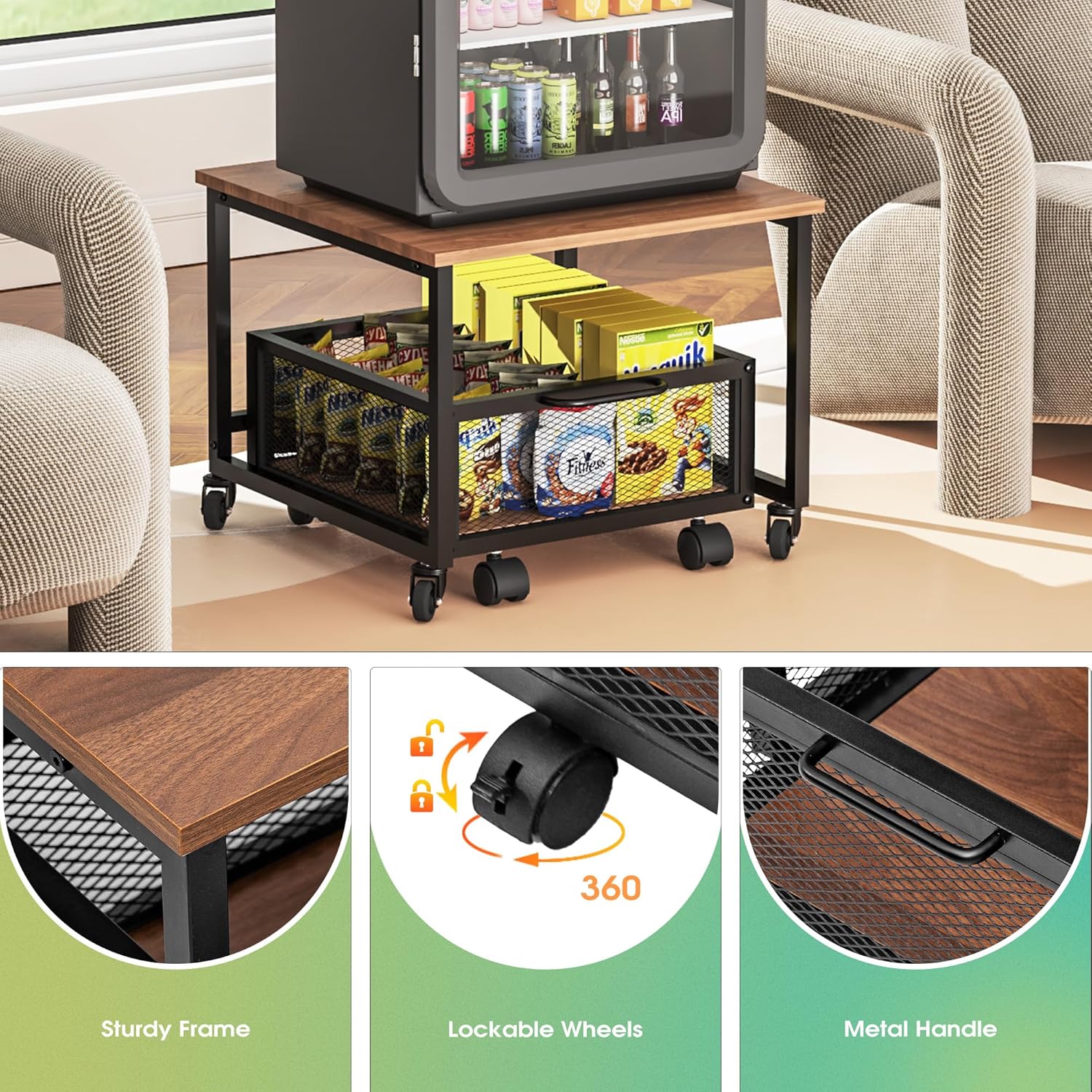 Mini Fridge Stand with Rolling Cart, Lockable Wheels and Metal Basket Drawers S30483