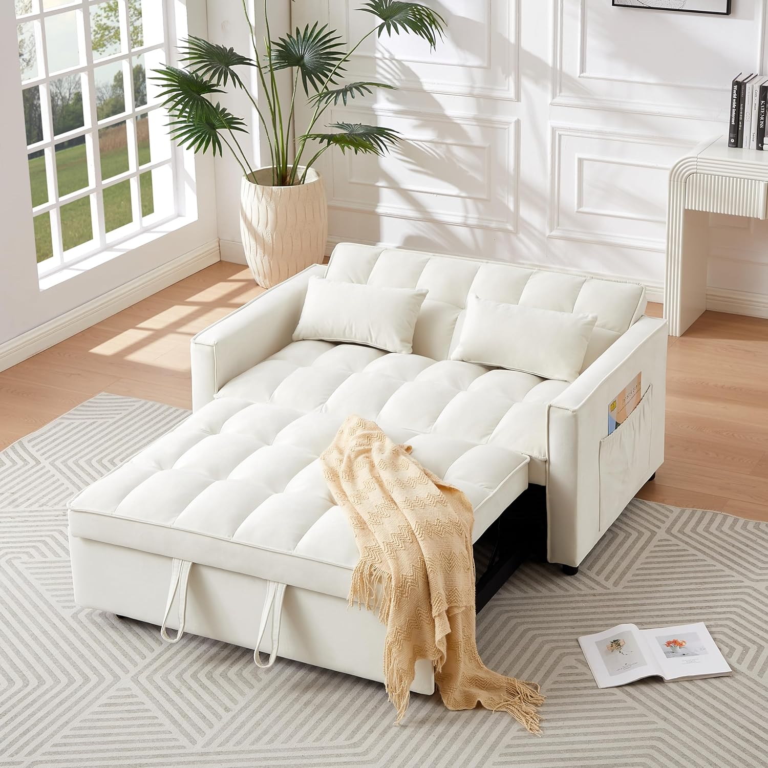 Convertible Loveseat Sleeper Sofa with Adjustable Backrest and Pull-Out Bed, Ivory W3374