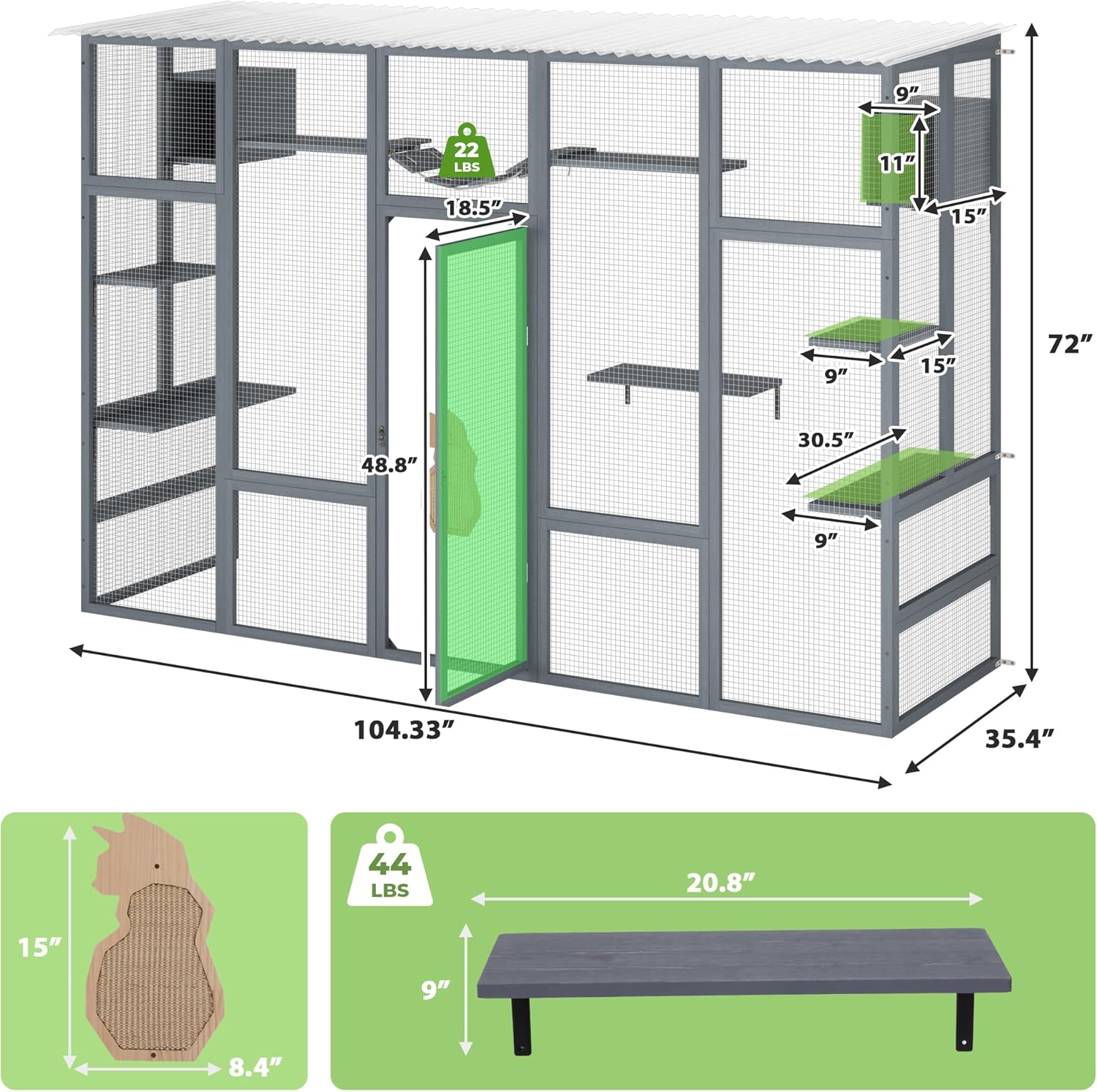 Outdoor Cat Enclosure with Window Access, Wooden Catio with Weather Protection Roof Q639